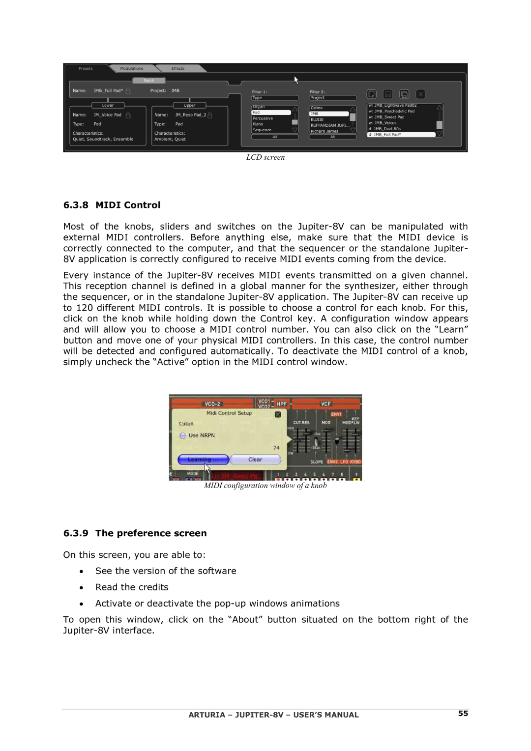 Arturia 2 manual Midi Control, Preference screen 