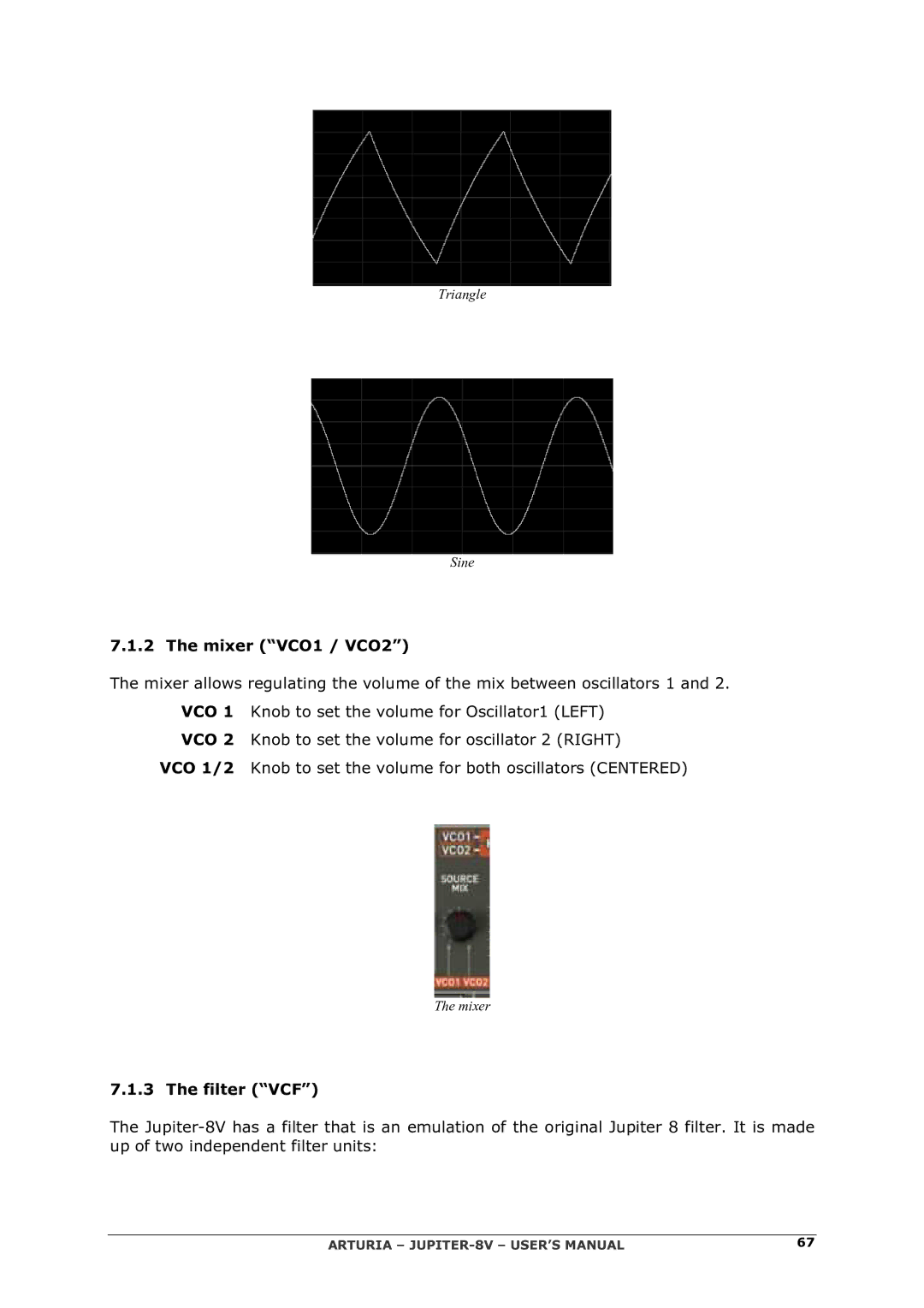 Arturia manual Mixer VCO1 / VCO2, Filter VCF 