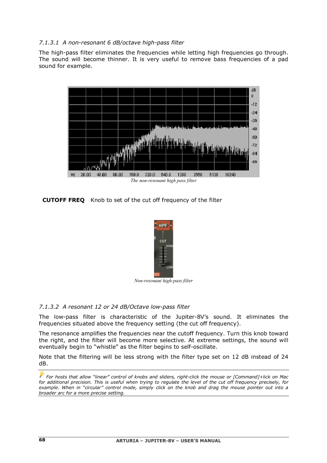 Arturia 2 manual Non-resonant 6 dB/octave high-pass filter 