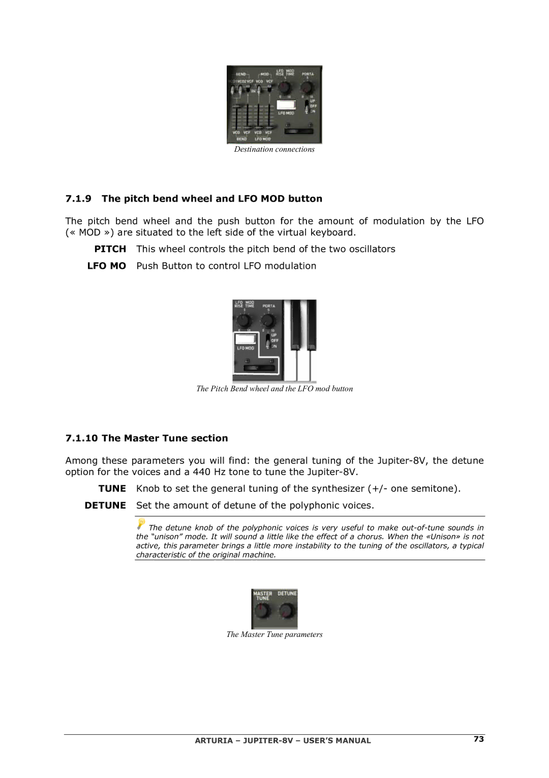 Arturia 2 manual Pitch bend wheel and LFO MOD button, Master Tune section 