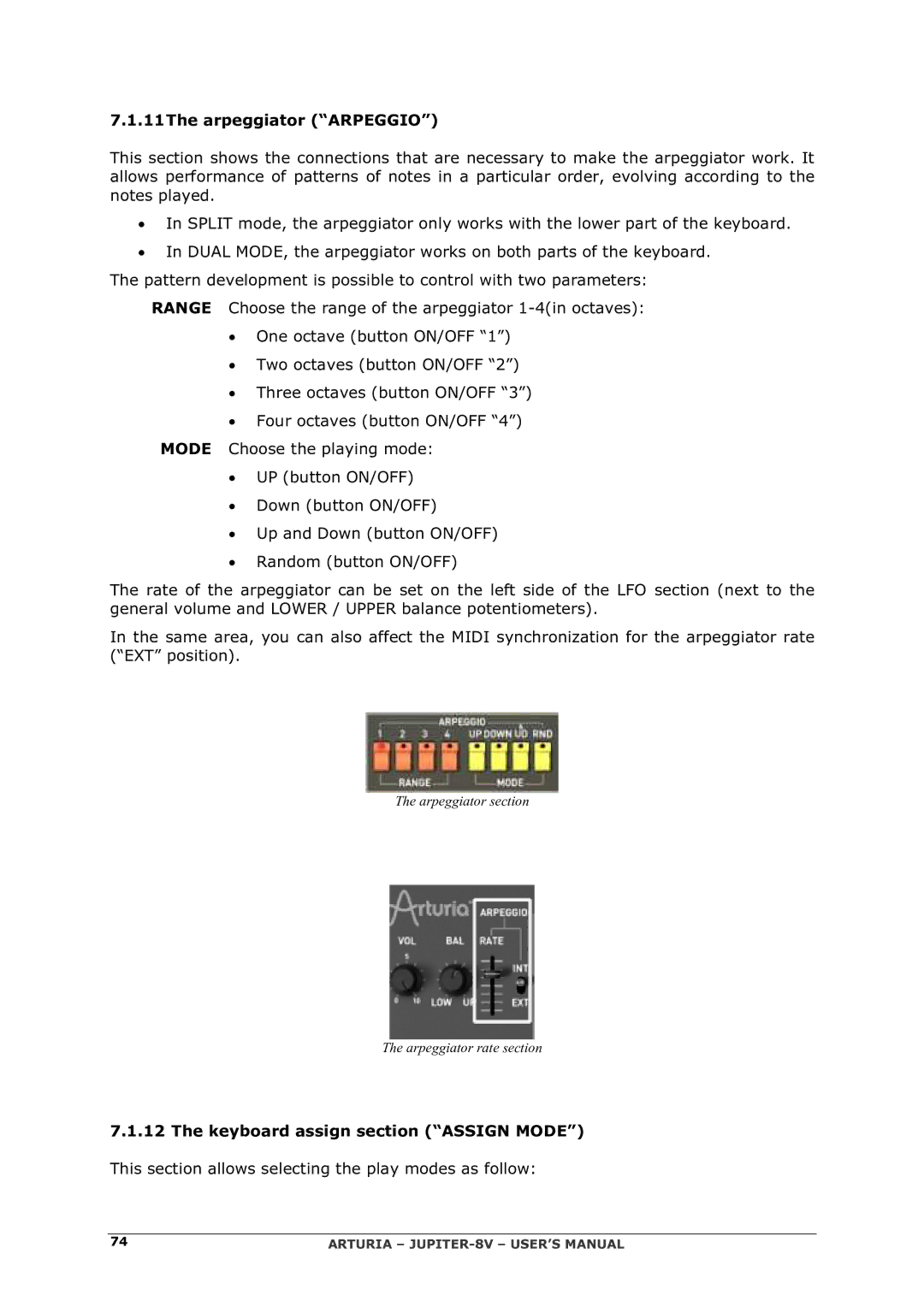 Arturia 2 manual 11The arpeggiator Arpeggio, Keyboard assign section Assign Mode 