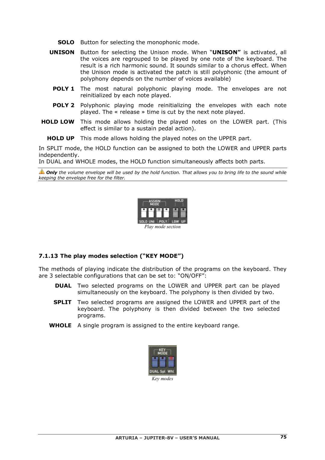 Arturia 2 manual Play modes selection KEY Mode 