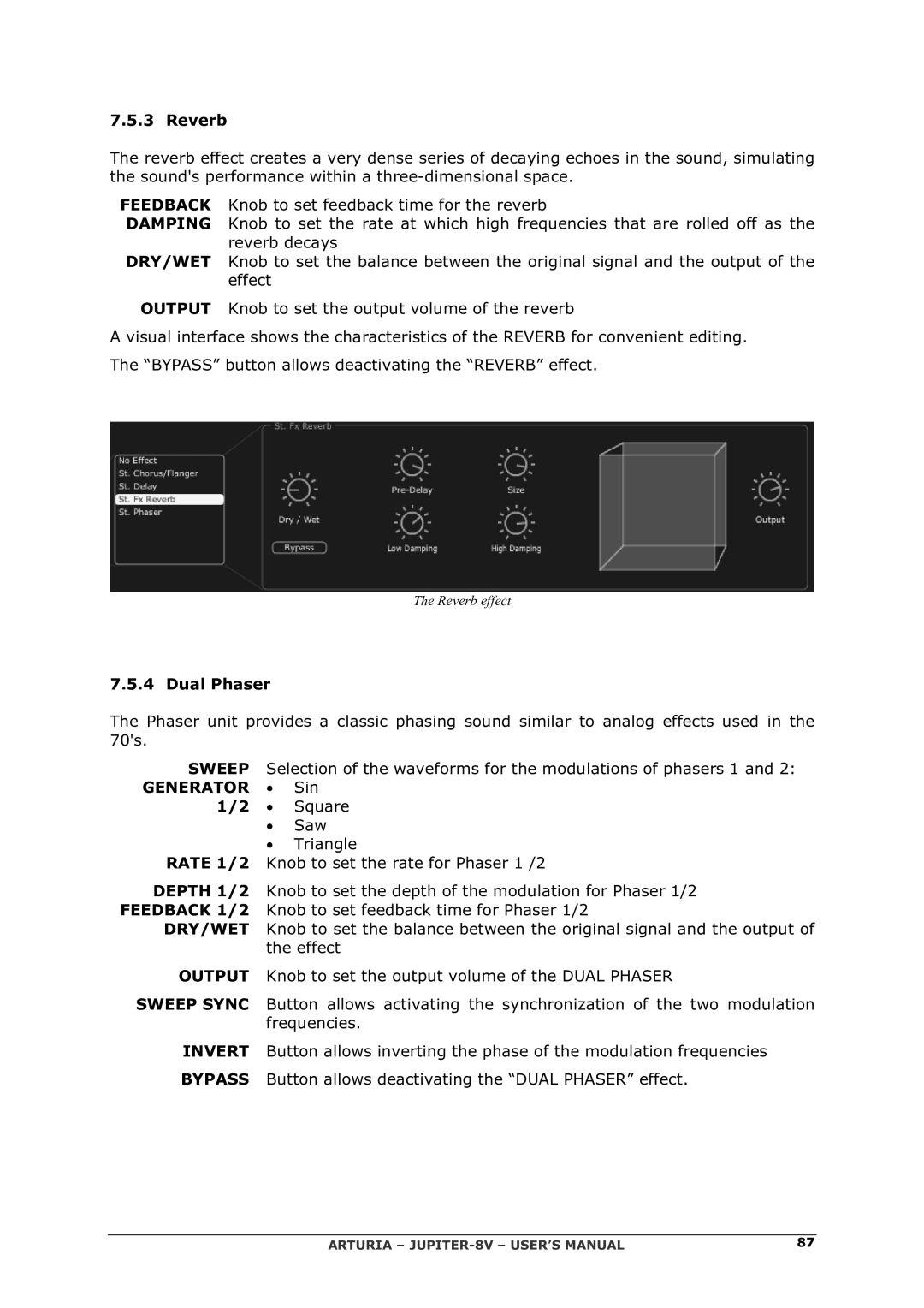 Arturia manual Generator, Depth 1/2, Feedback 1/2, Dry/Wet, Output, Sweep Sync, Invert, Bypass 