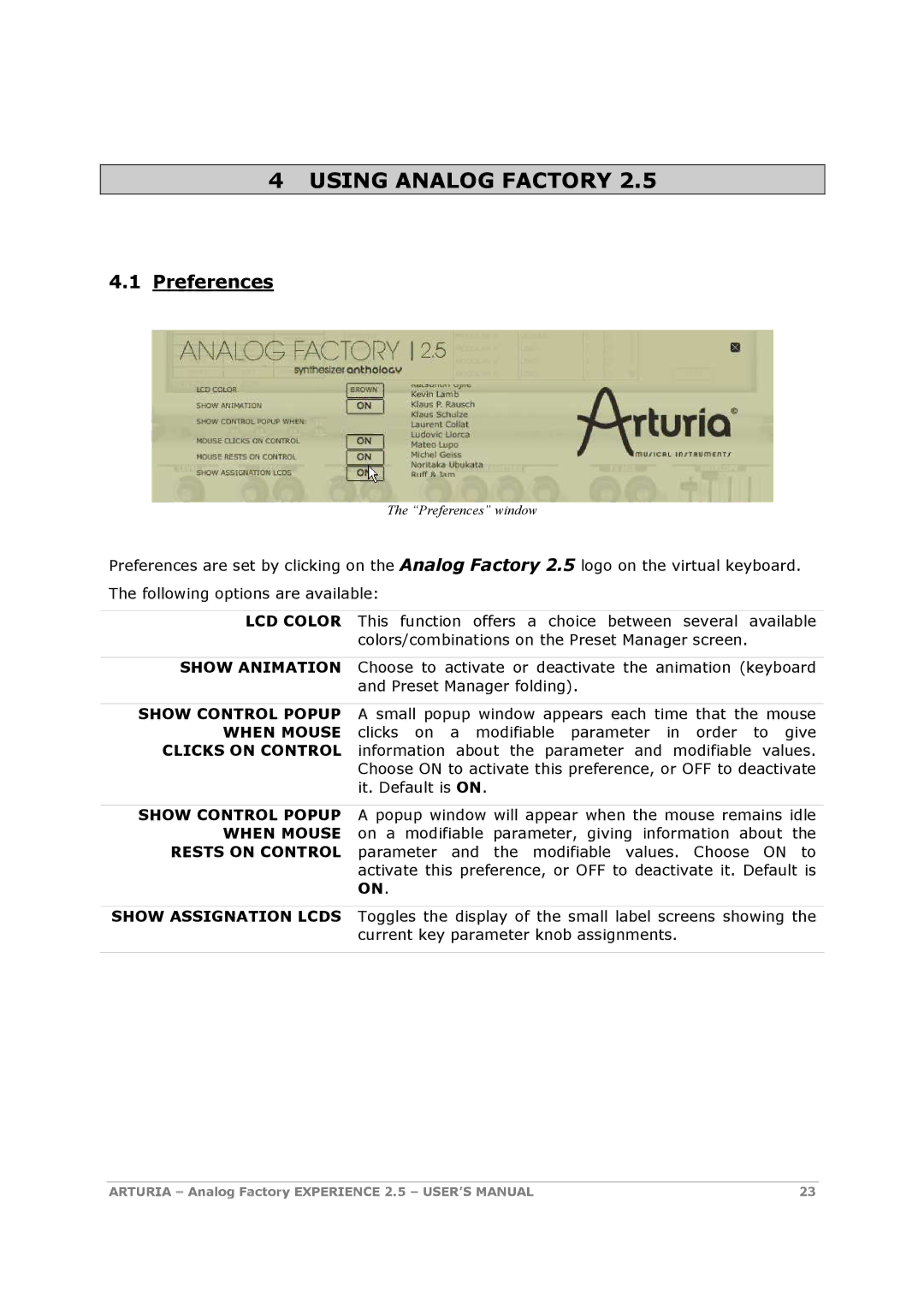 Arturia 2.5 manual Using Analog Factory, Preferences 