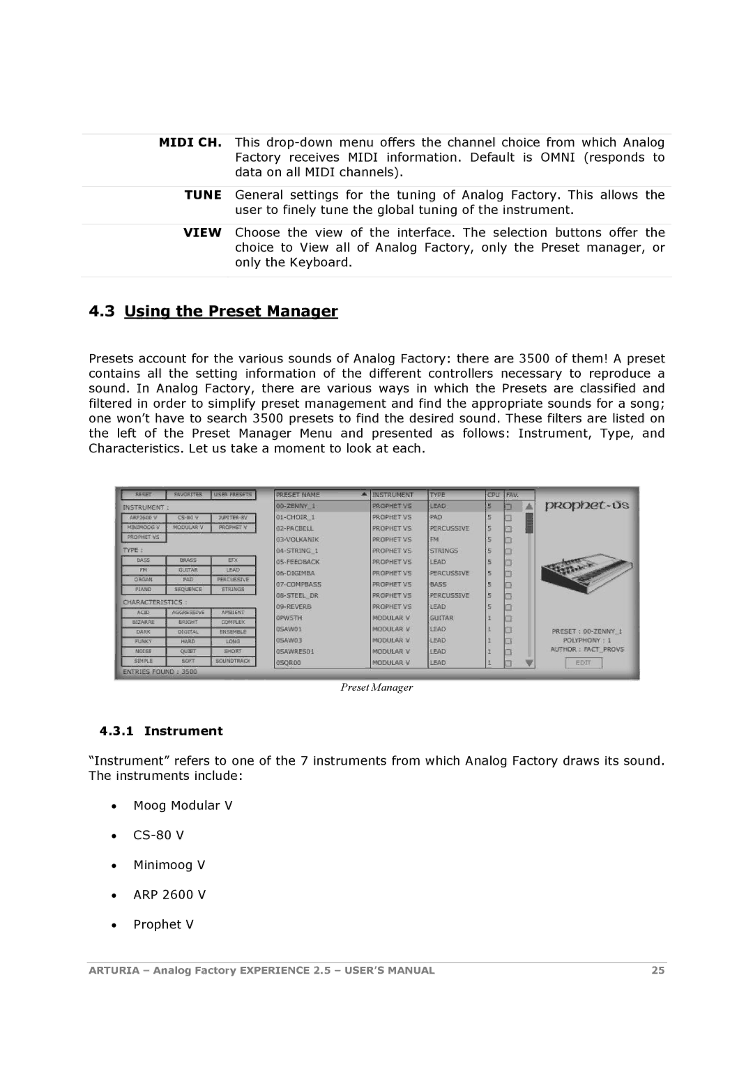 Arturia 2.5 manual Using the Preset Manager, Instrument 