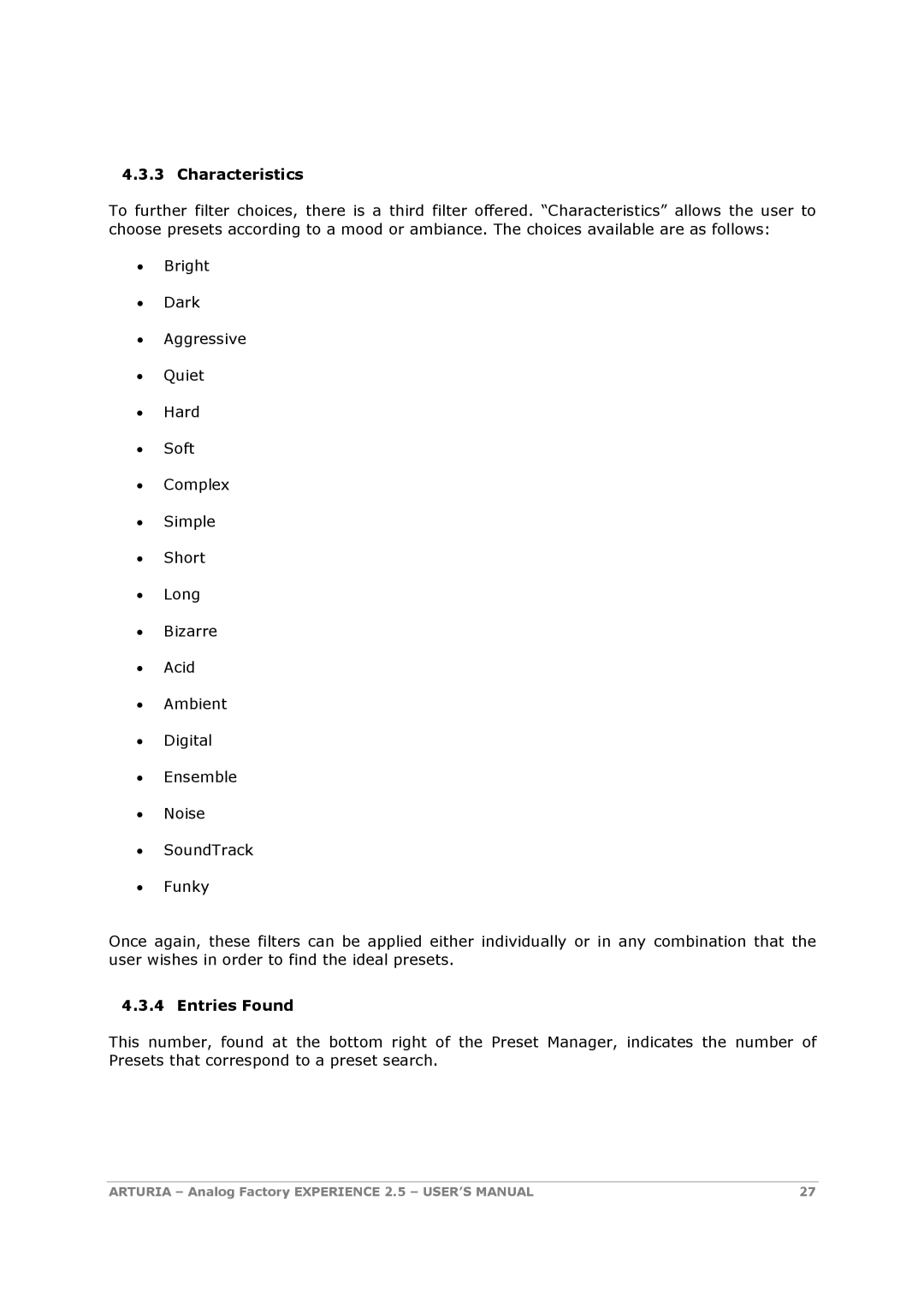 Arturia 2.5 manual Characteristics, Entries Found 