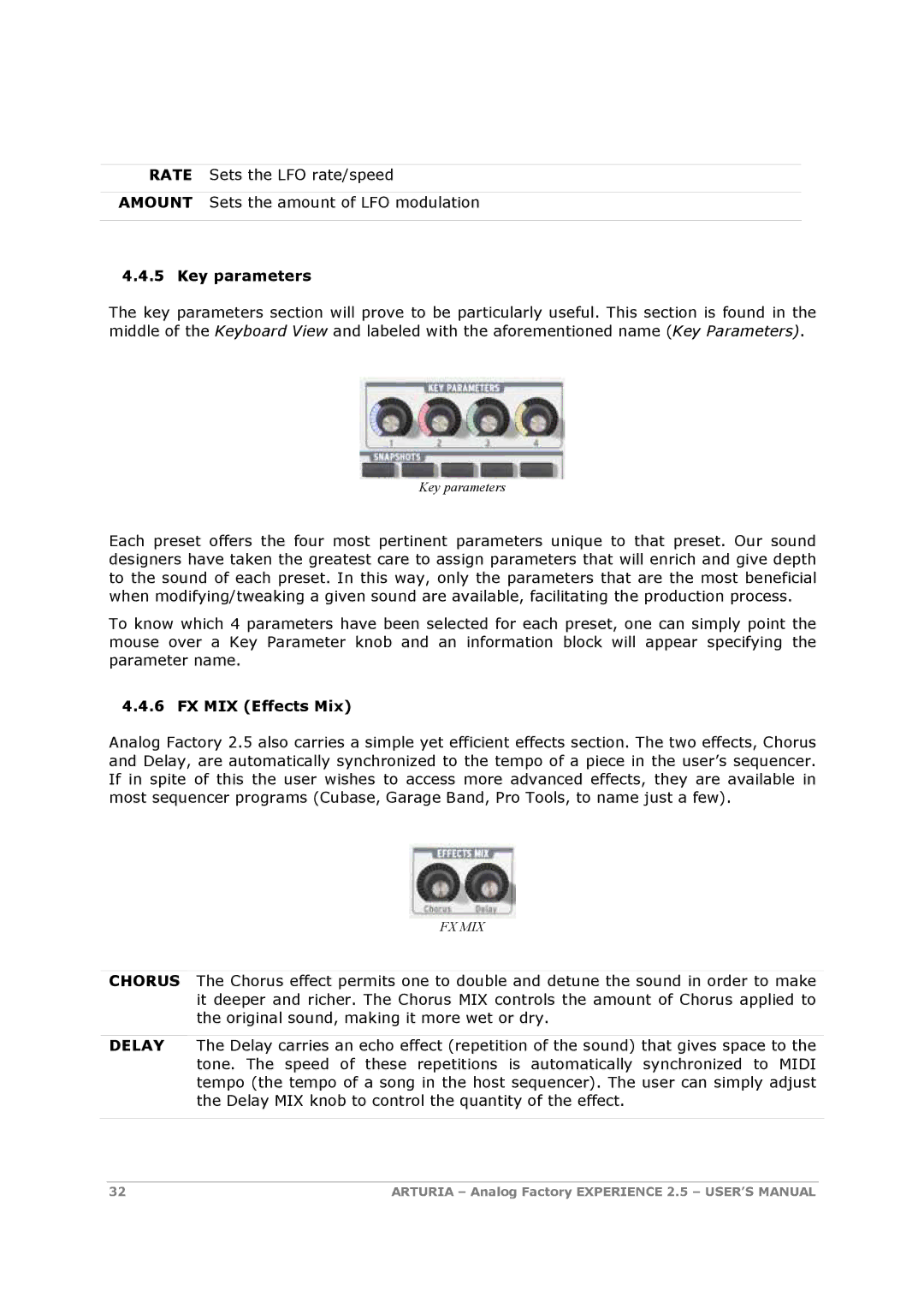 Arturia 2.5 manual Key parameters, FX MIX Effects Mix 