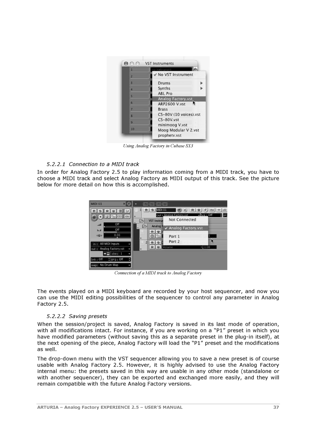 Arturia 2.5 manual Connection to a Midi track 