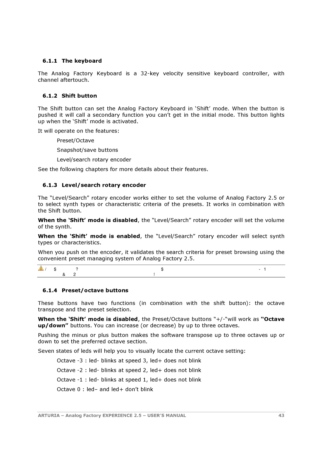 Arturia 2.5 manual Keyboard, Shift button, Level/search rotary encoder, Preset/octave buttons 