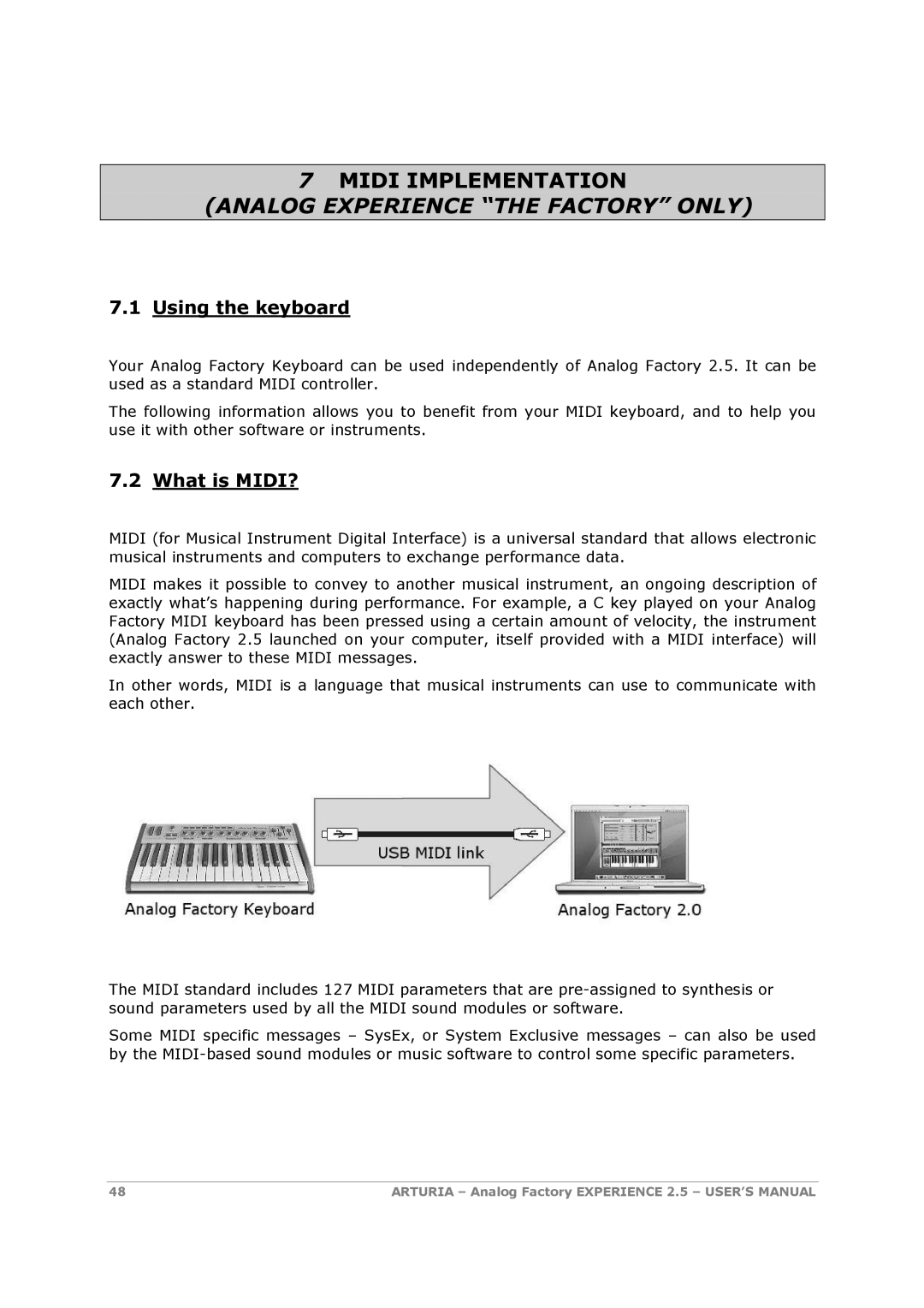 Arturia 2.5 manual Midi Implementation Analog Experience the Factory only, Using the keyboard, What is MIDI? 