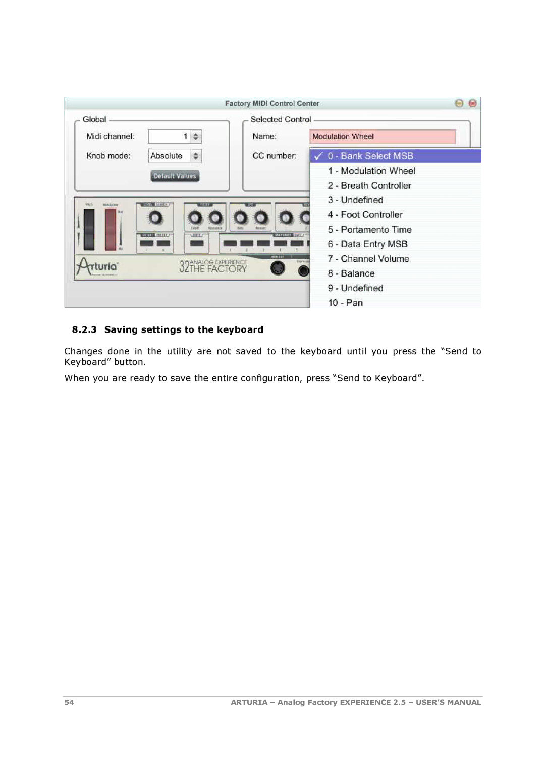 Arturia 2.5 manual Saving settings to the keyboard 