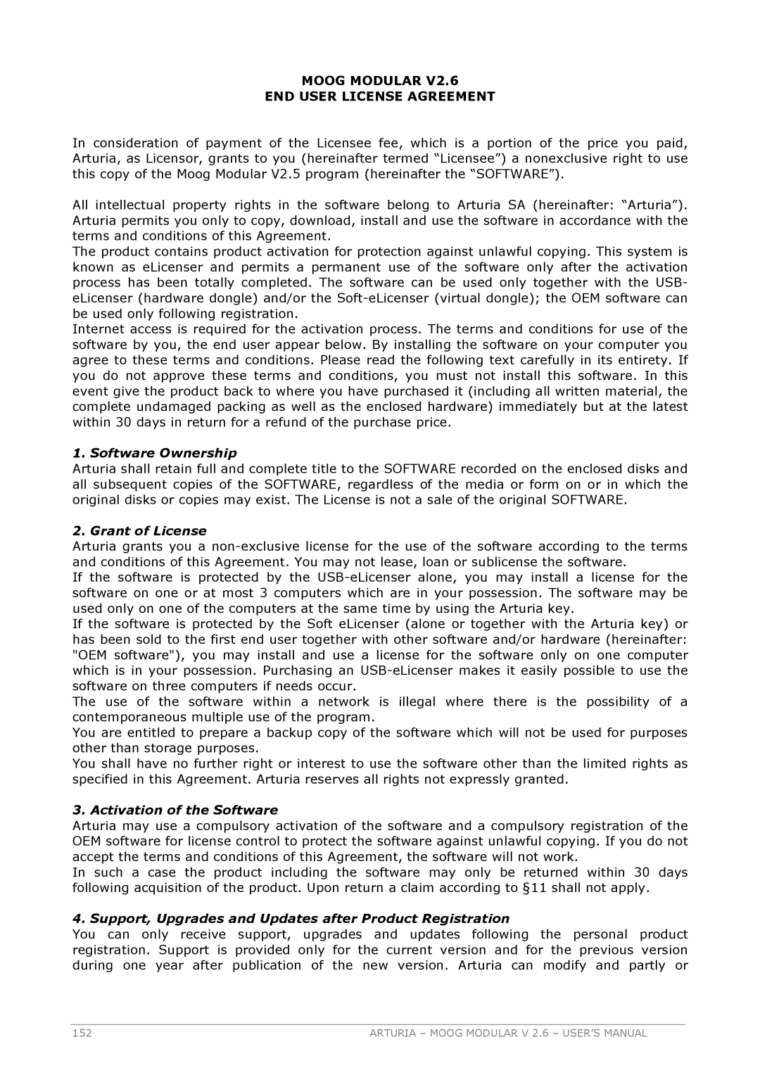 Arturia 2.6 manual Moog Modular END User License Agreement, Software Ownership 