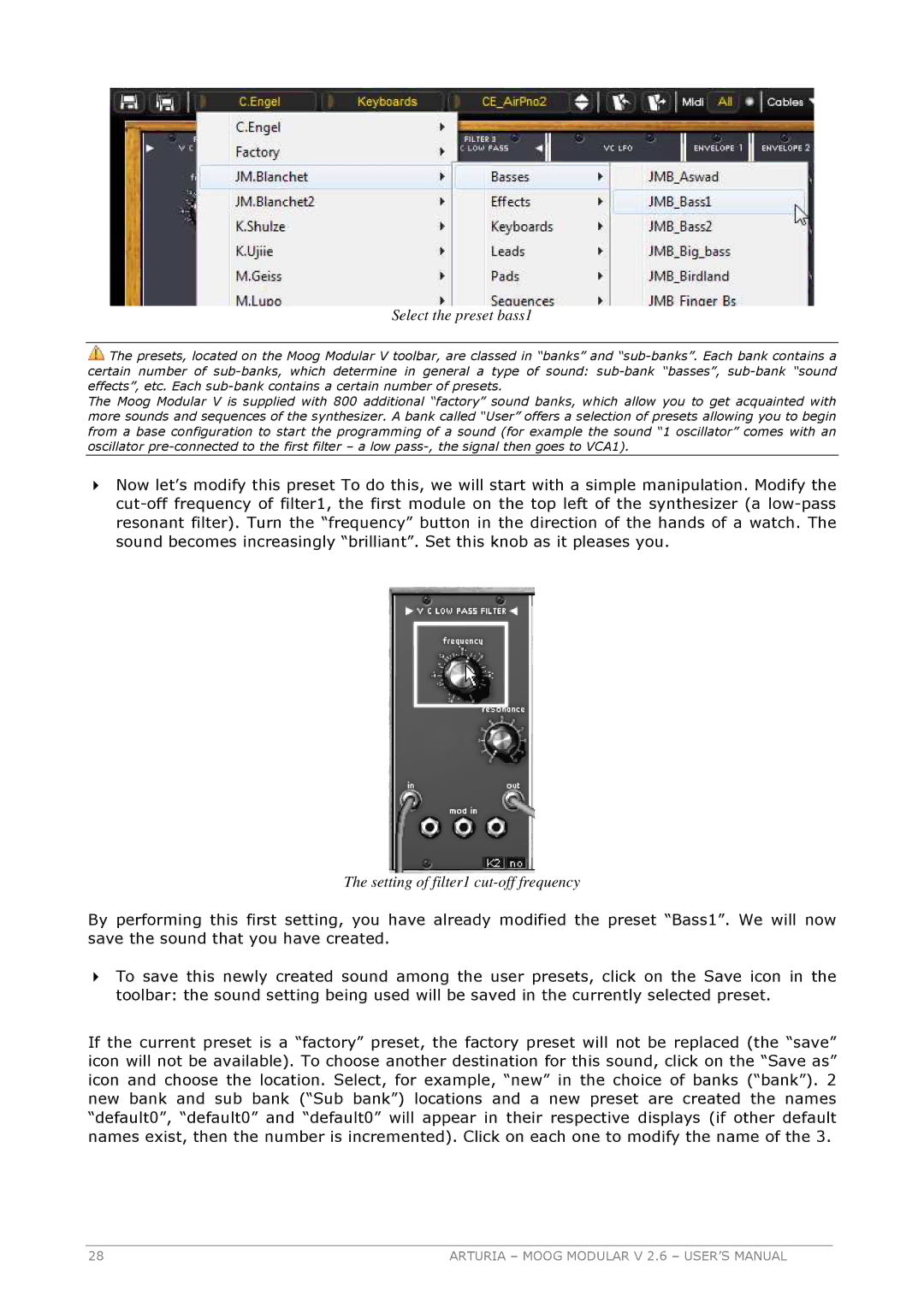 Arturia 2.6 manual Setting of filter1 cut-off frequency 