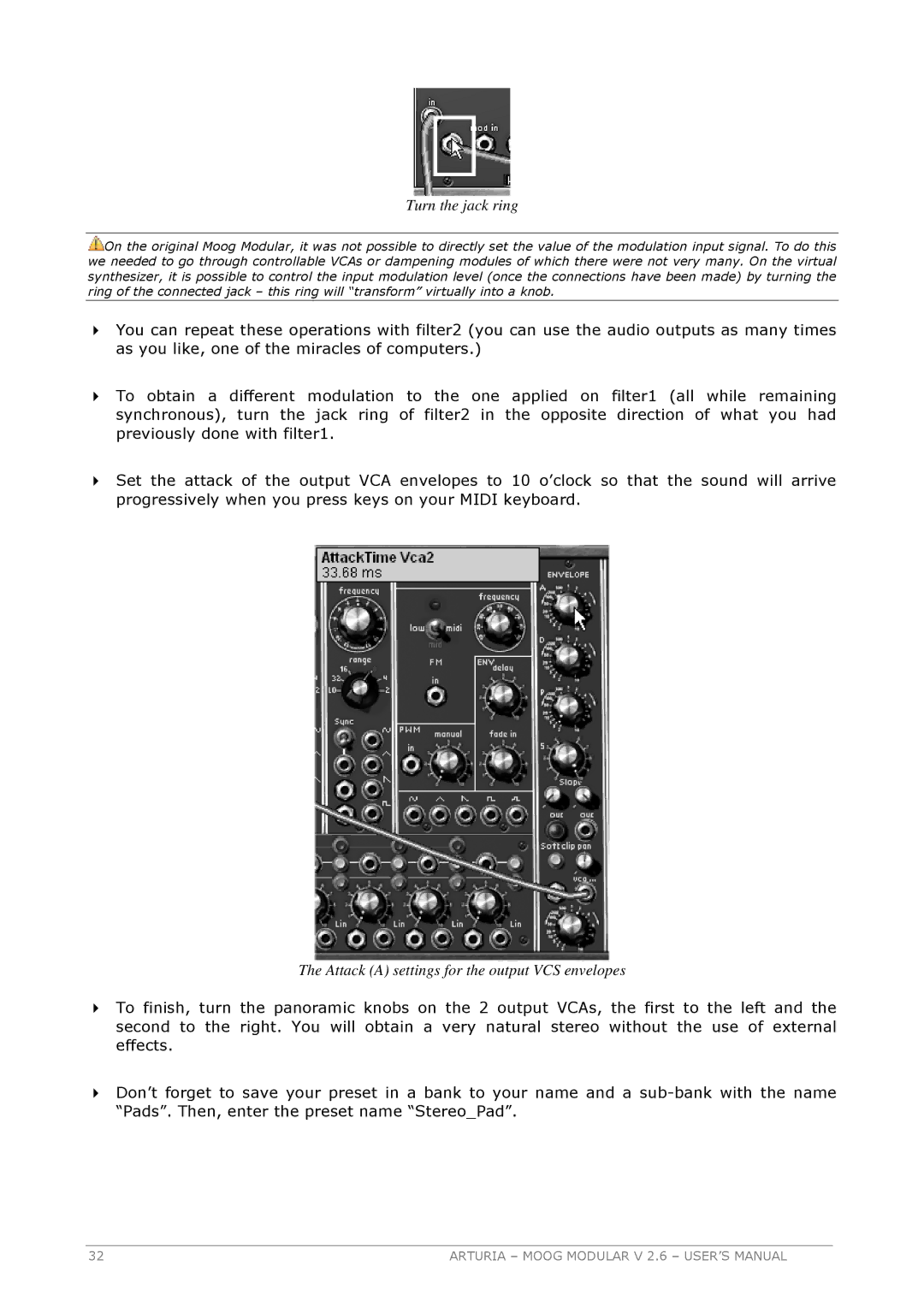 Arturia 2.6 manual Attack a settings for the output VCS envelopes 