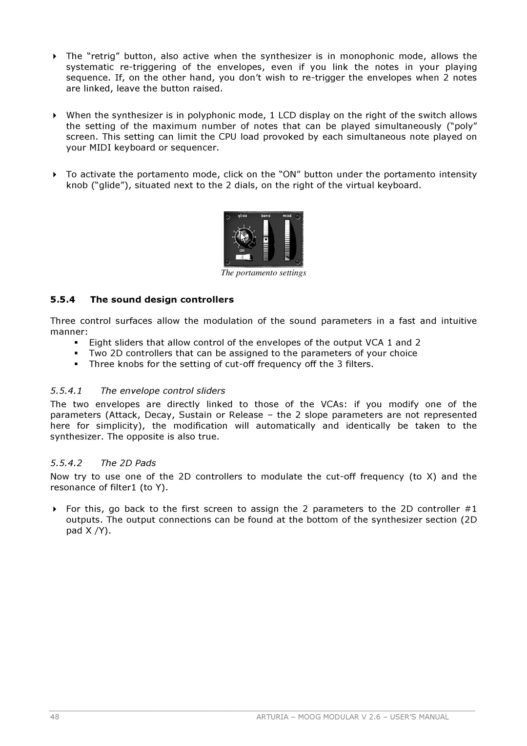 Arturia 2.6 manual Sound design controllers, Envelope control sliders, 2D Pads 