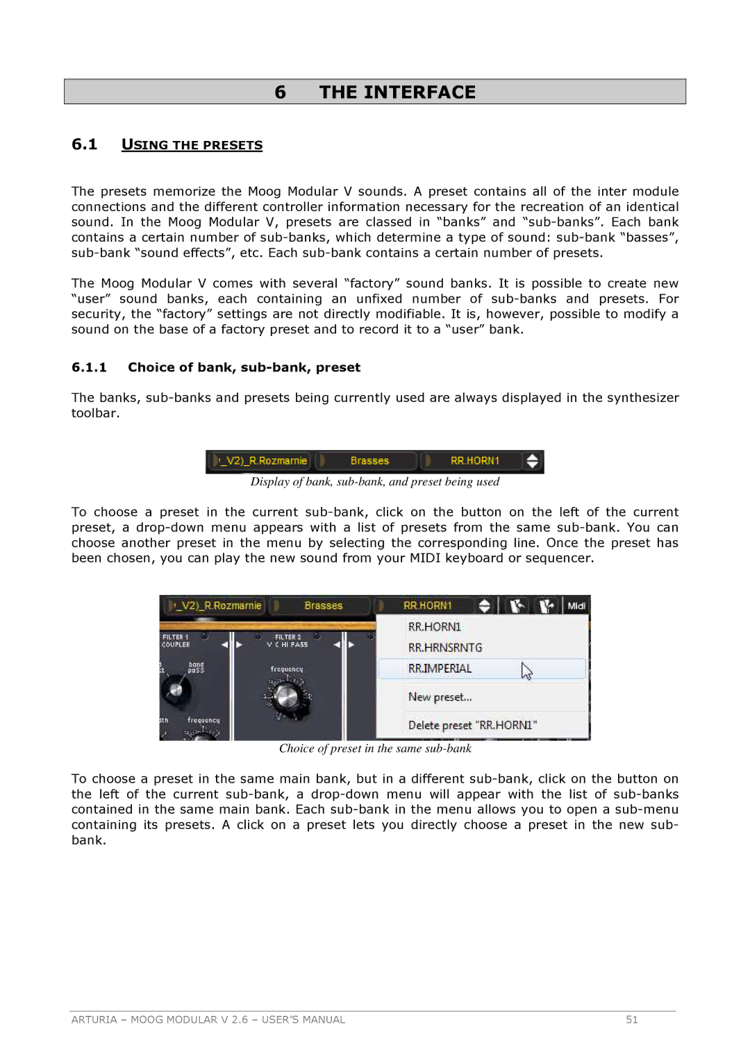 Arturia 2.6 manual Using the Presets, Choice of bank, sub-bank, preset 