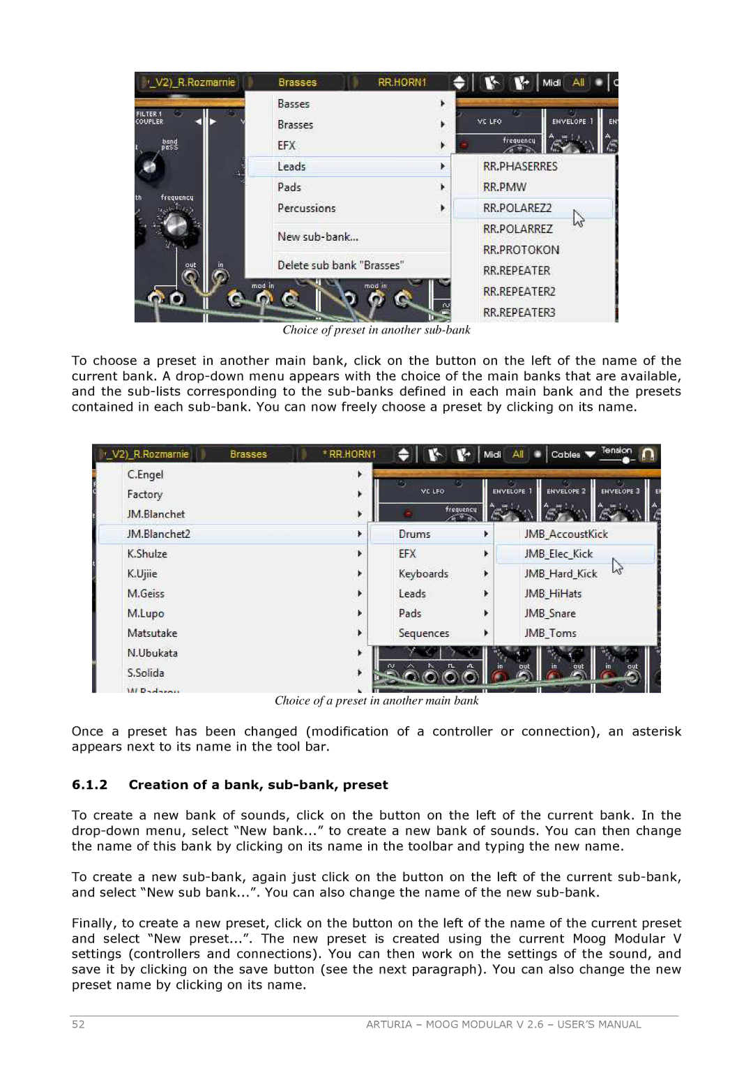 Arturia 2.6 manual Creation of a bank, sub-bank, preset 