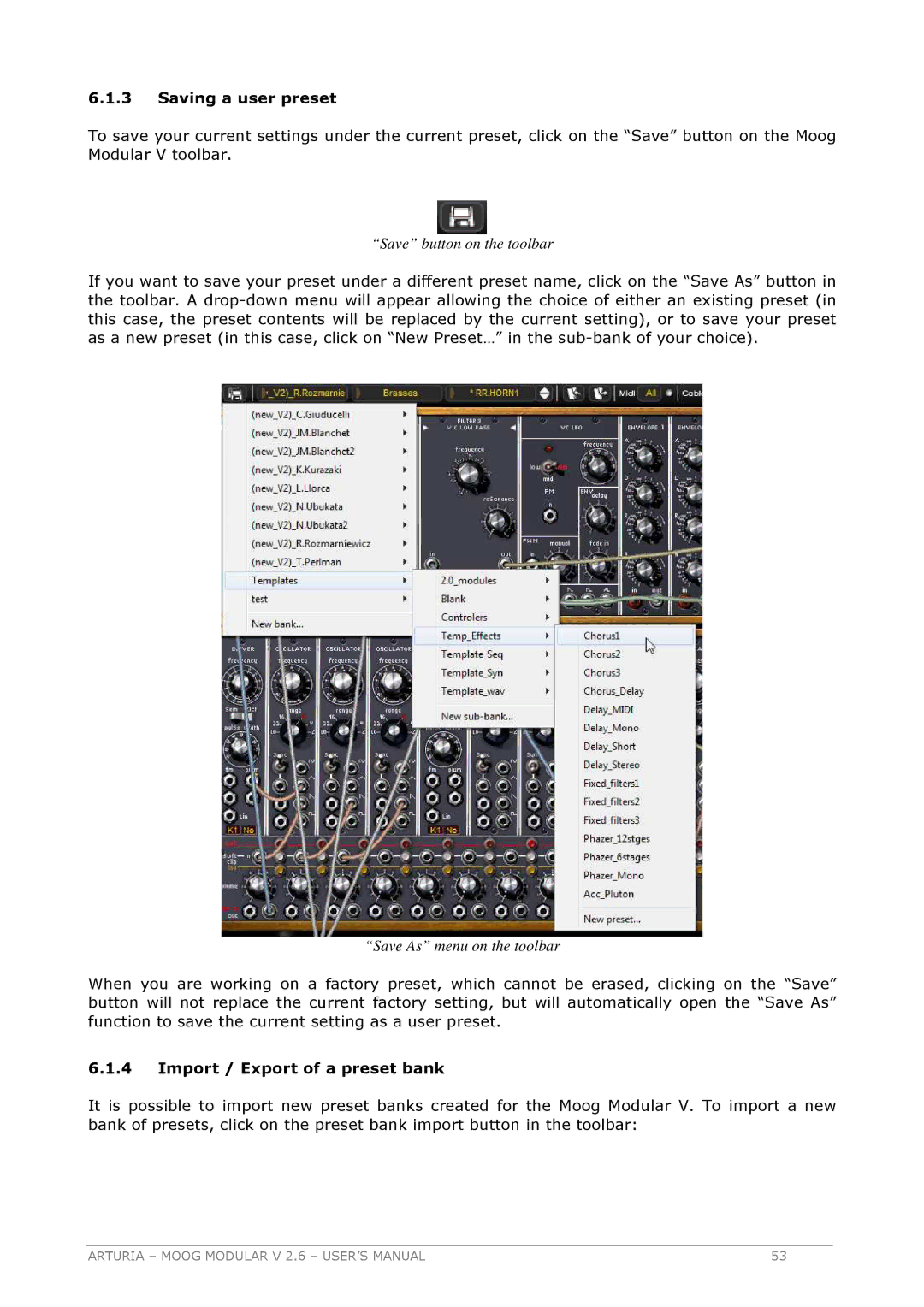 Arturia 2.6 manual Saving a user preset, Import / Export of a preset bank 