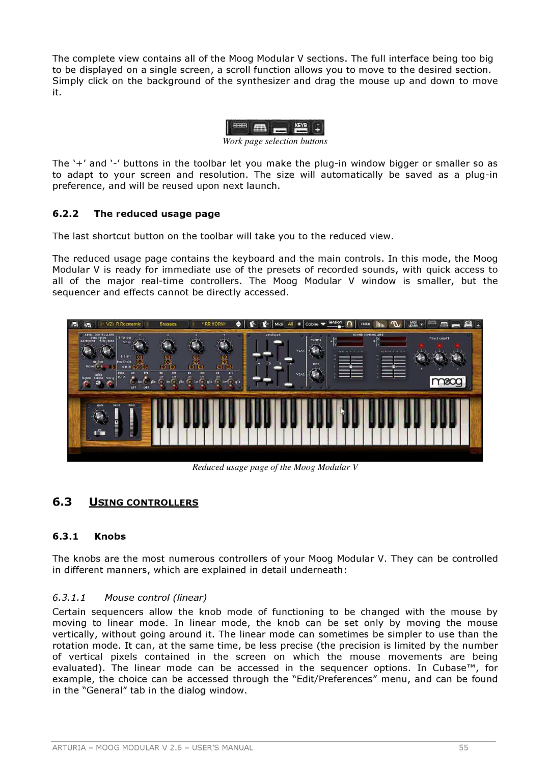 Arturia 2.6 manual Reduced usage, Using Controllers, Knobs, Mouse control linear 