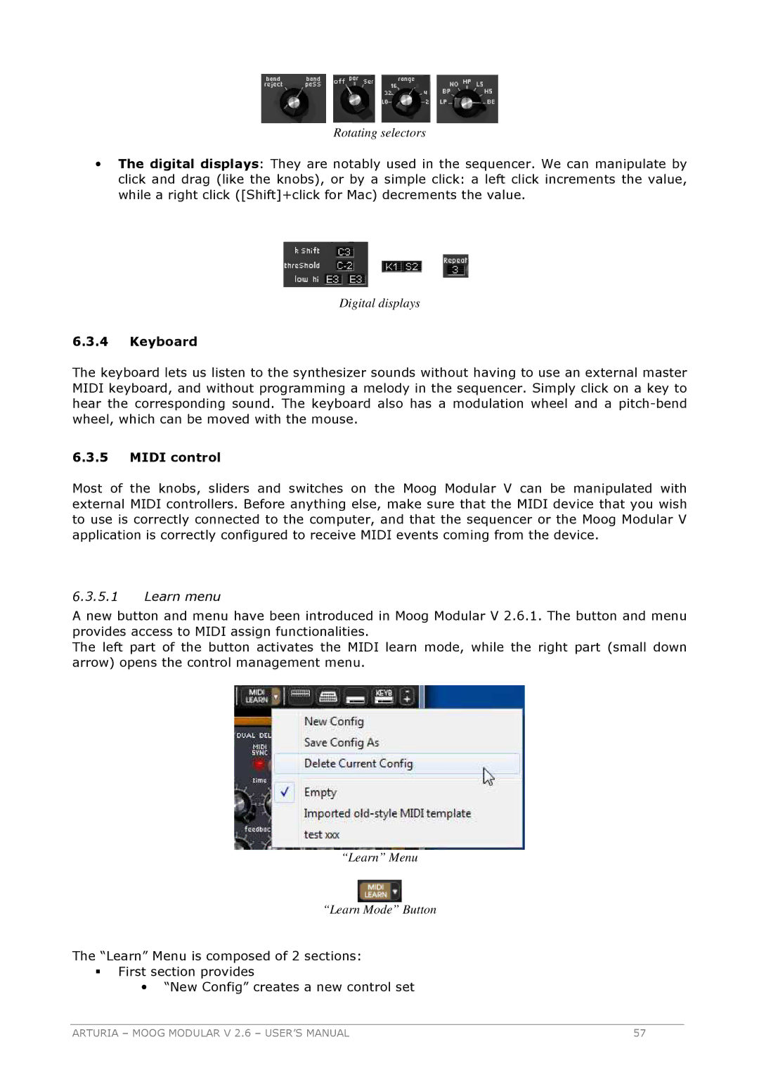 Arturia 2.6 manual Midi control, Learn menu 