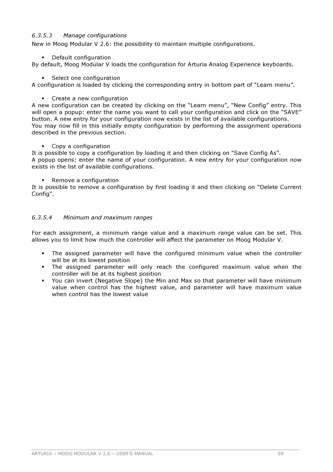 Arturia 2.6 manual Manage configurations, Minimum and maximum ranges 
