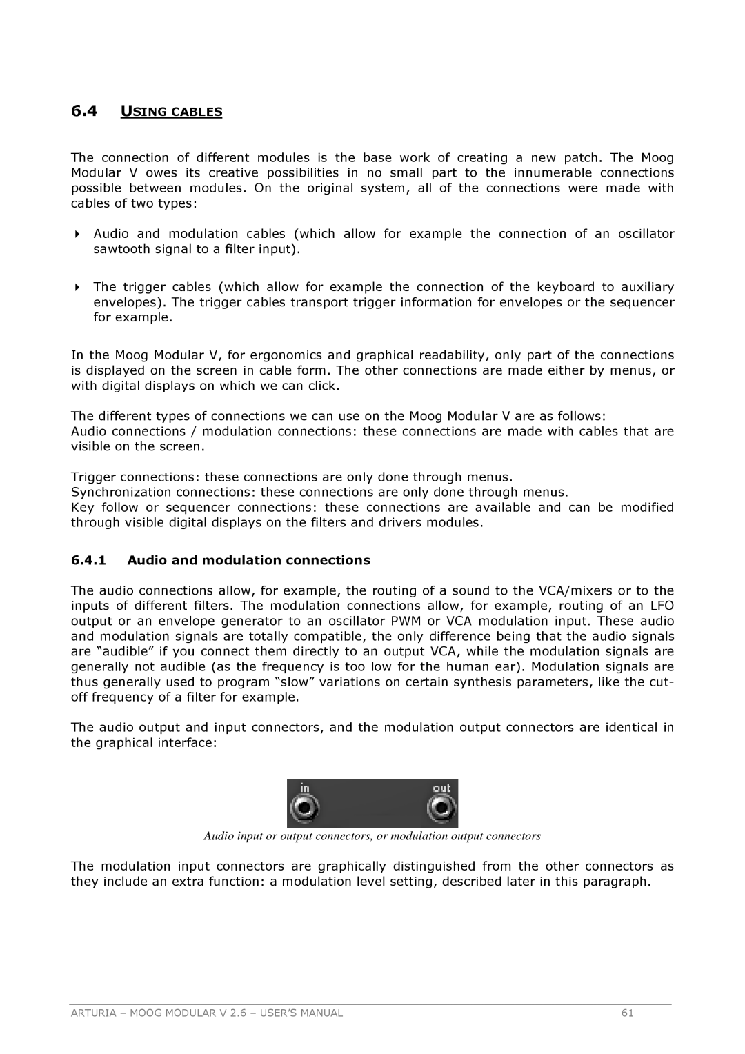 Arturia 2.6 manual Using Cables, Audio and modulation connections 