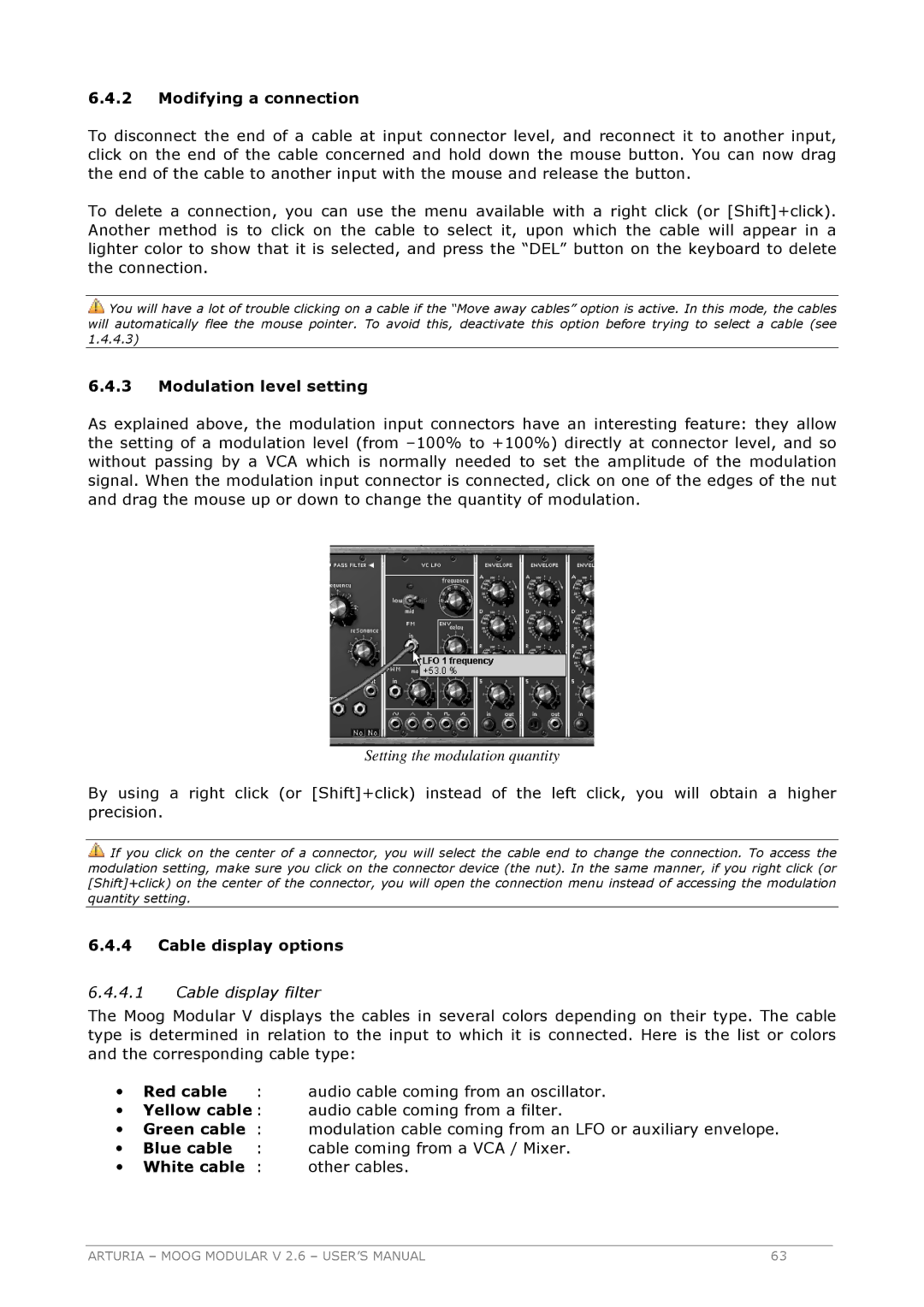 Arturia 2.6 manual Modifying a connection, Modulation level setting, Cable display options, Cable display filter 