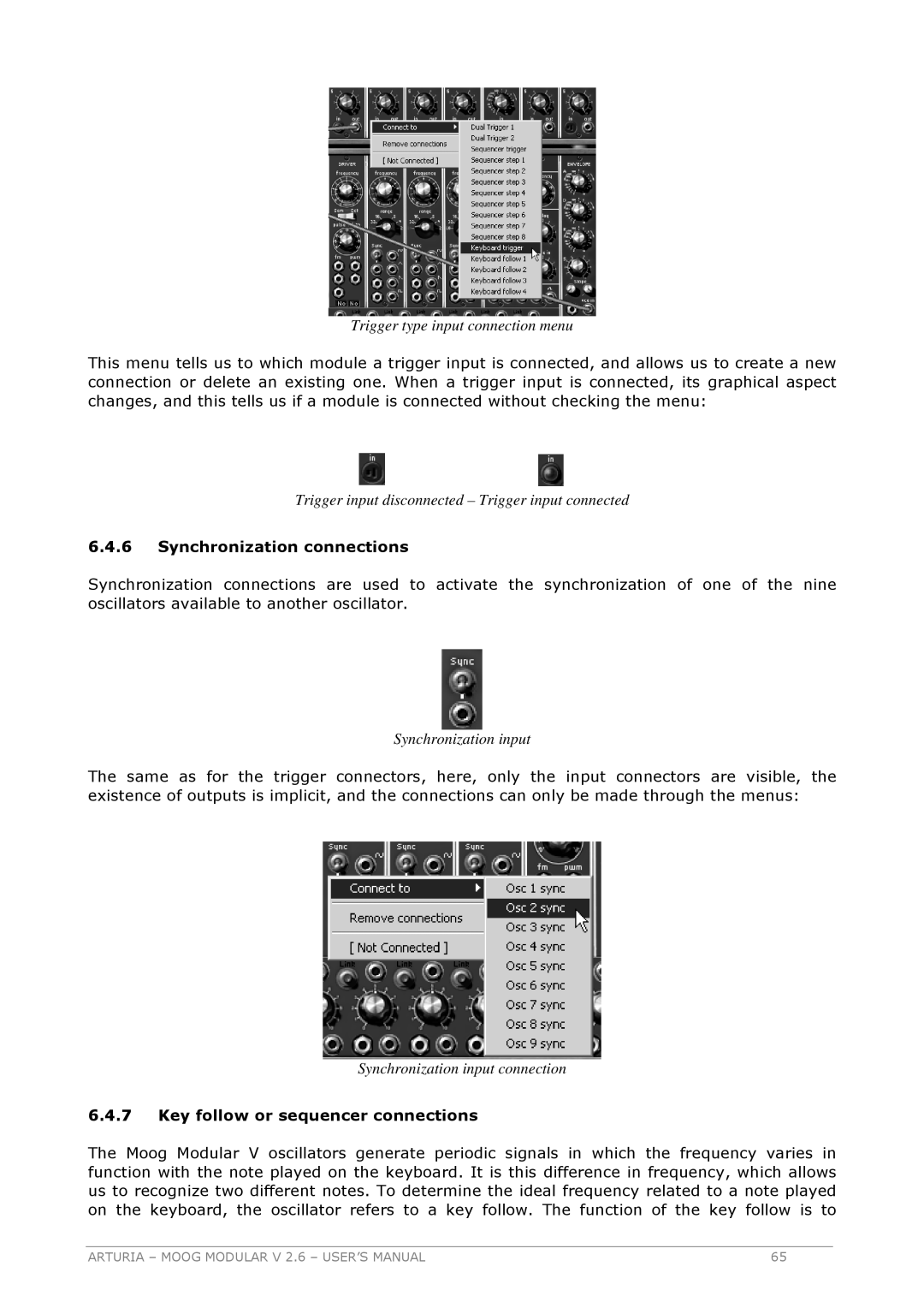 Arturia 2.6 manual Synchronization connections, Key follow or sequencer connections 