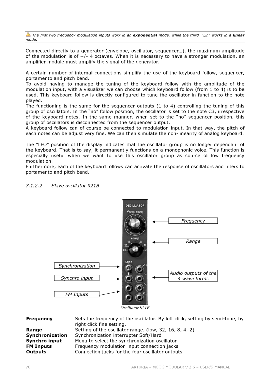 Arturia 2.6 manual Right click fine setting, Setting of the oscillator range. low, 32, 16, 8, 4 