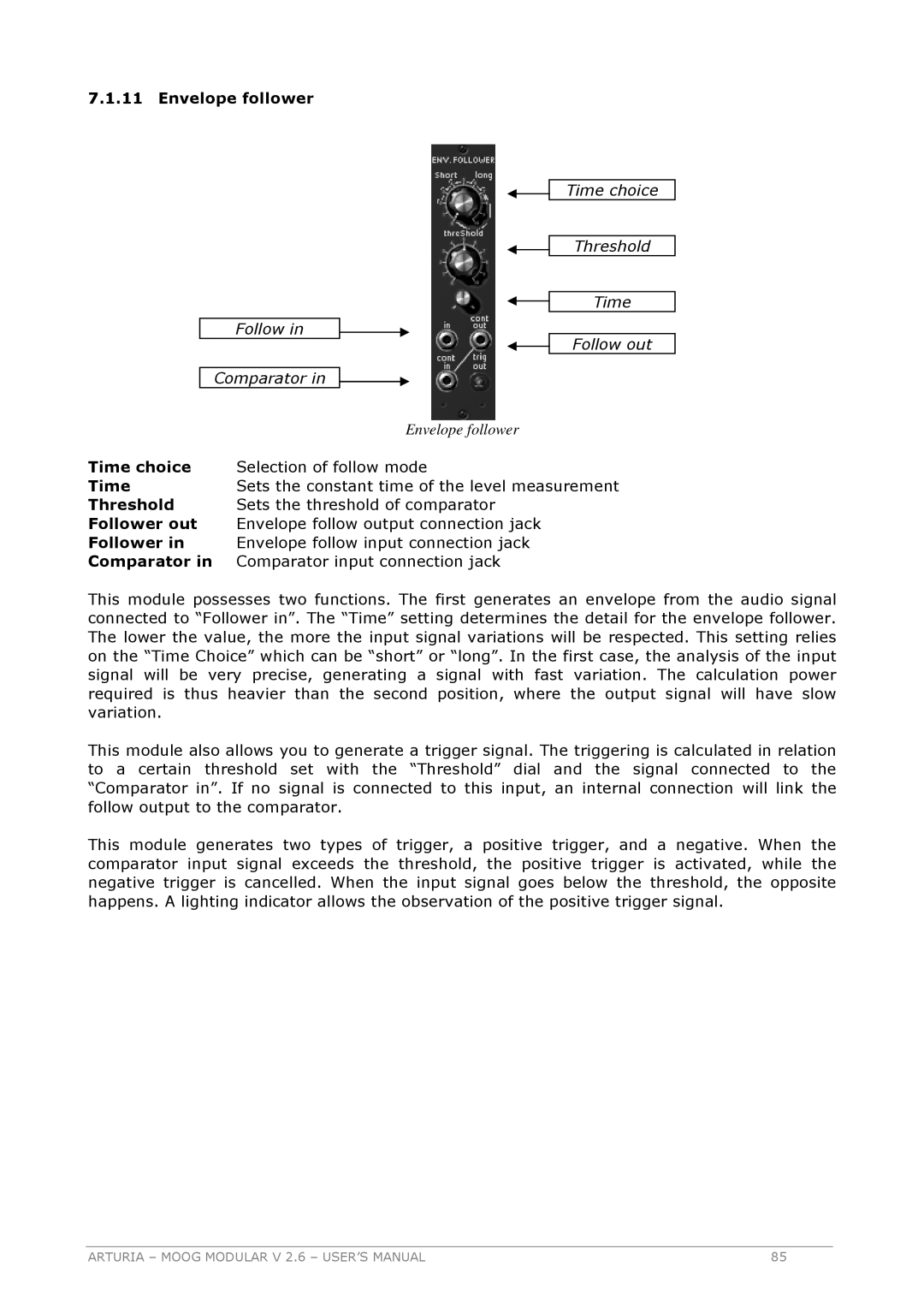 Arturia 2.6 manual Envelope follower, Follow Comparator Time choice Threshold Follow out 