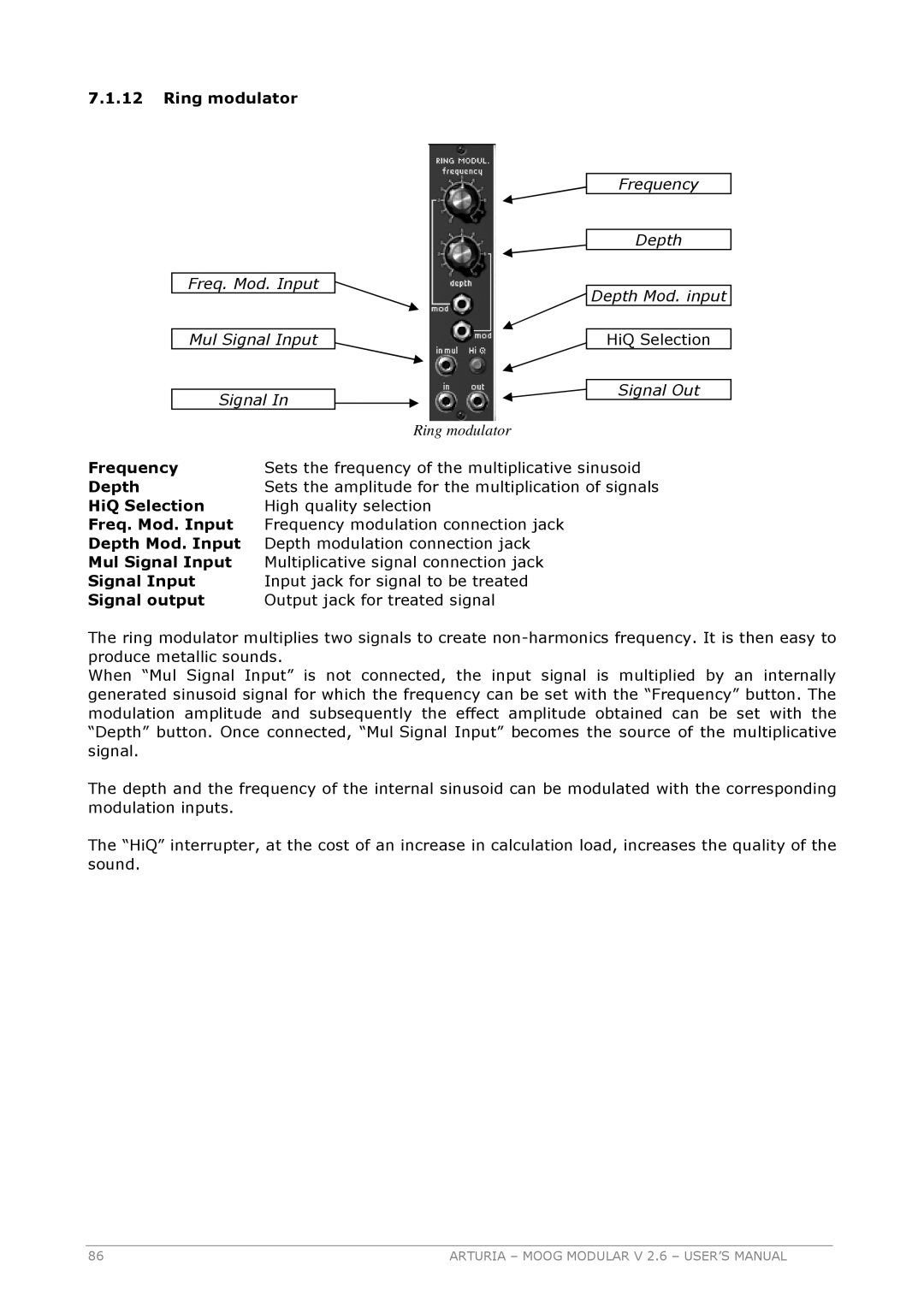 Arturia 2.6 manual Ring modulator, Signal Out 