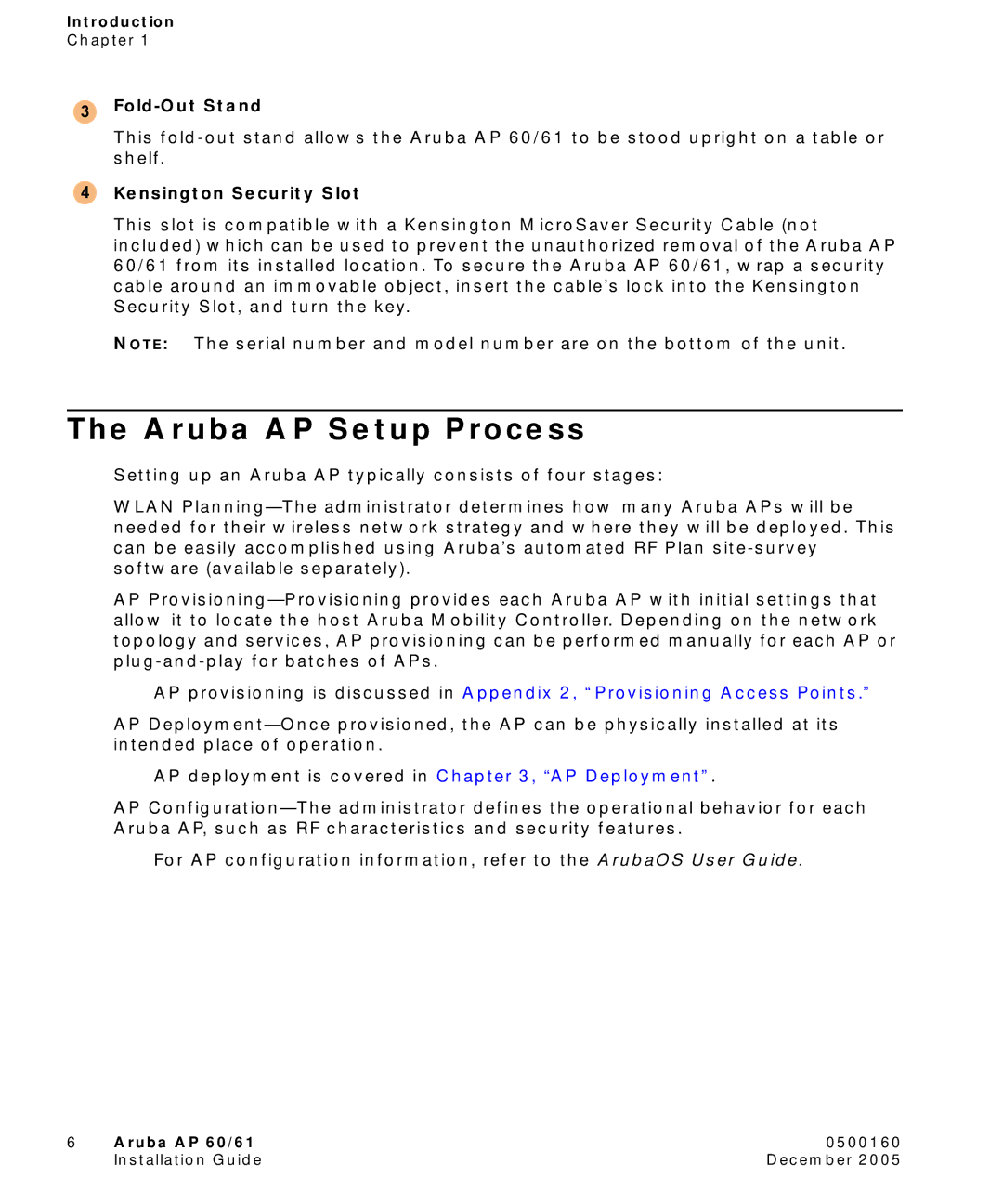 Aruba Networks Aruba AP 60/61 manual Aruba AP Setup Process, Fold-Out Stand, Kensington Security Slot 