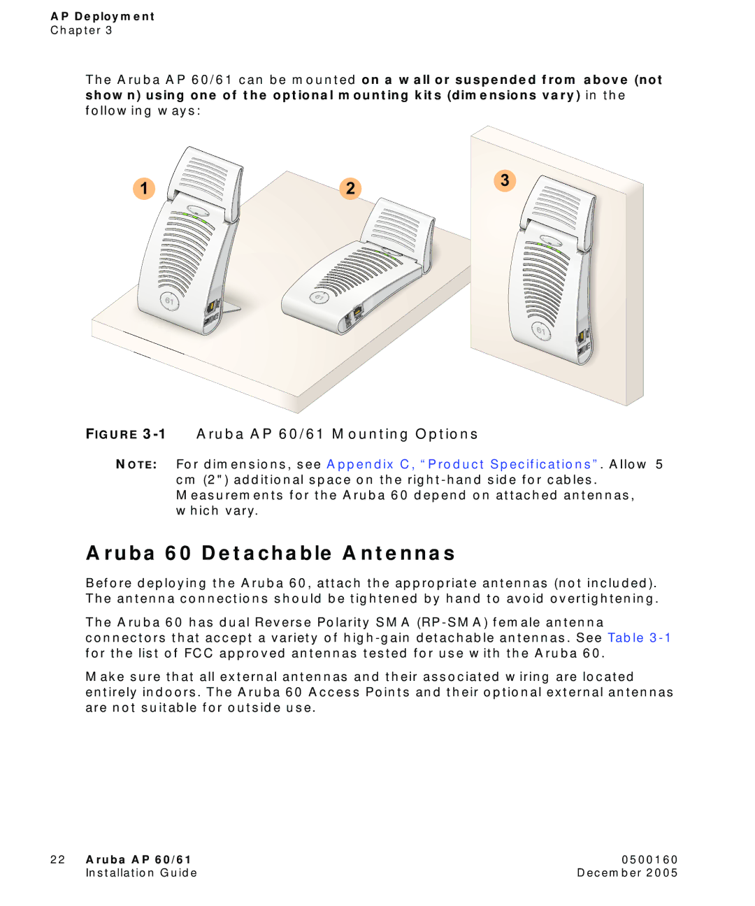 Aruba Networks manual Aruba 60 Detachable Antennas, 1Aruba AP 60/61 Mounting Options 