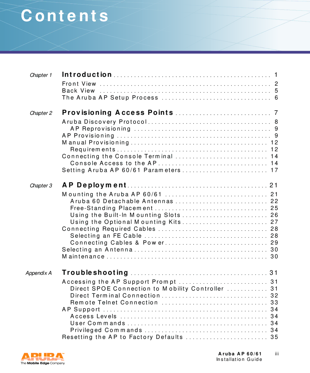 Aruba Networks Aruba AP 60/61 manual Contents 