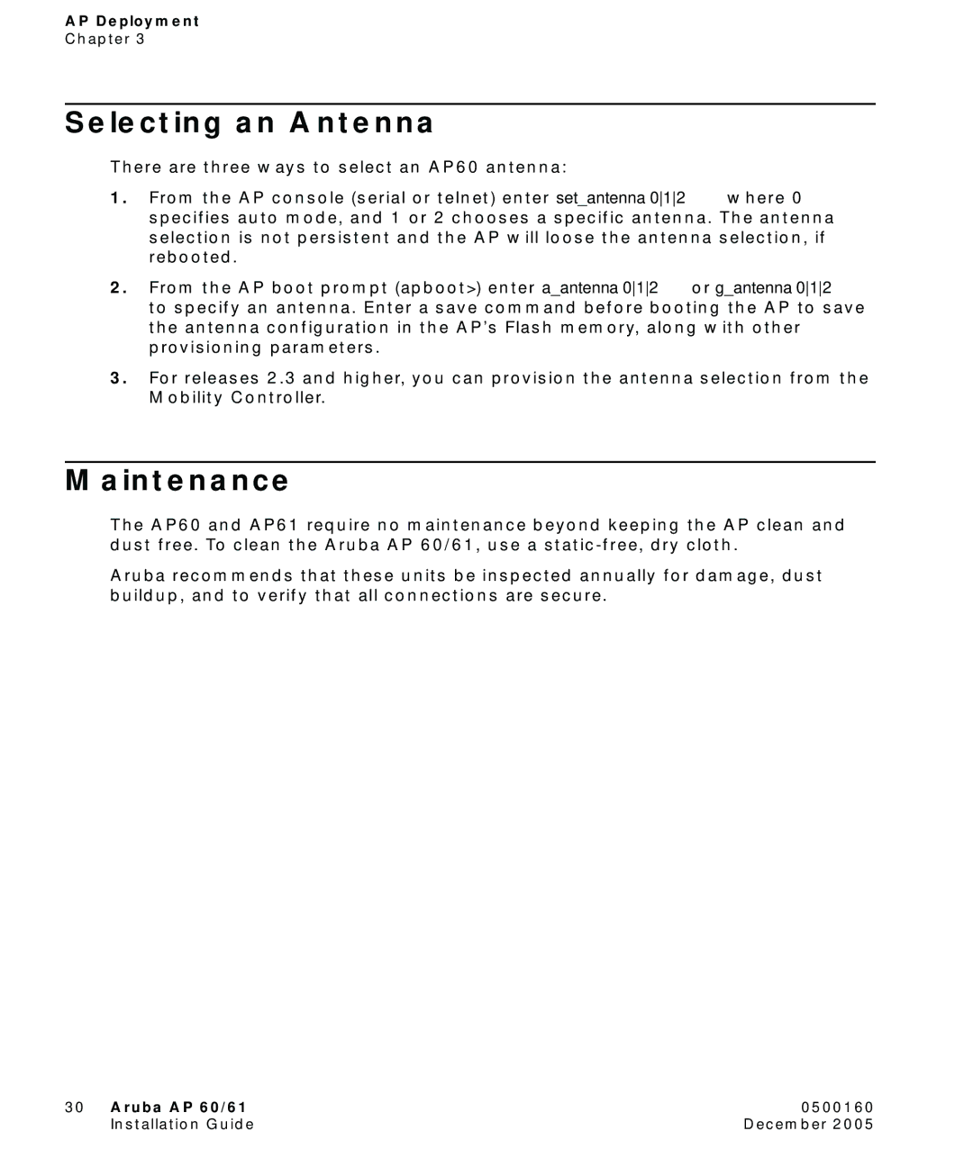 Aruba Networks Aruba AP 60/61 manual Selecting an Antenna, Maintenance 