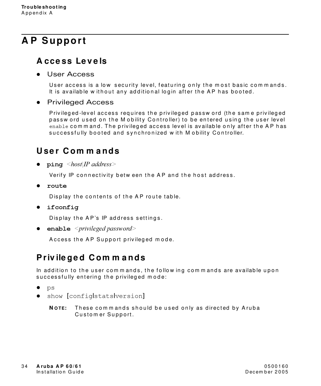 Aruba Networks Aruba AP 60/61 manual AP Support, Access Levels, User Commands, Privileged Commands 