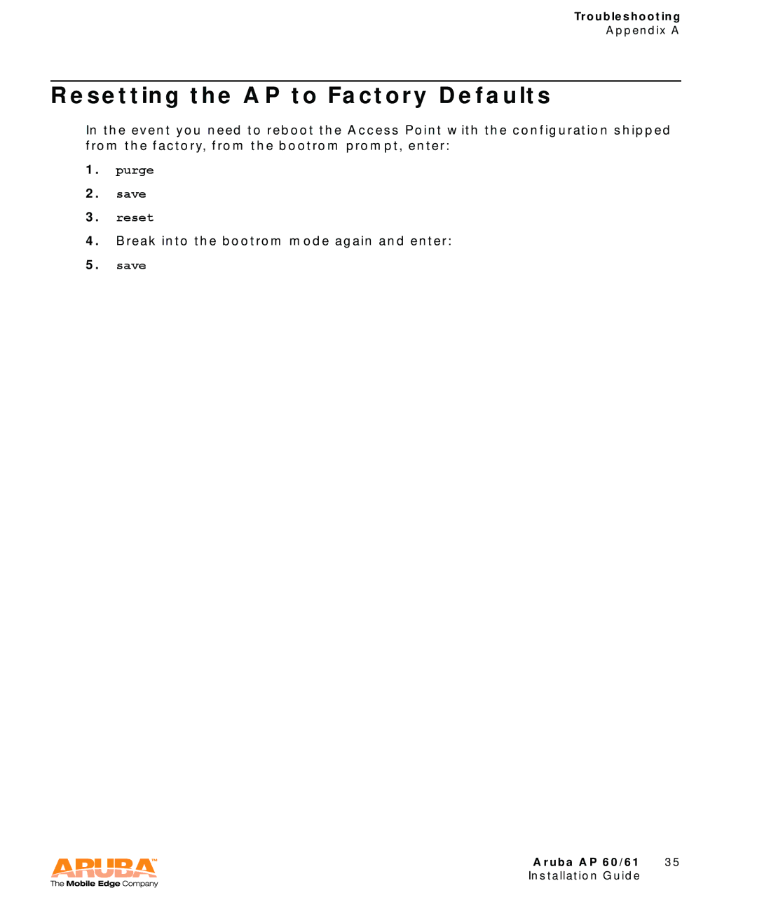 Aruba Networks Aruba AP 60/61 manual Resetting the AP to Factory Defaults 