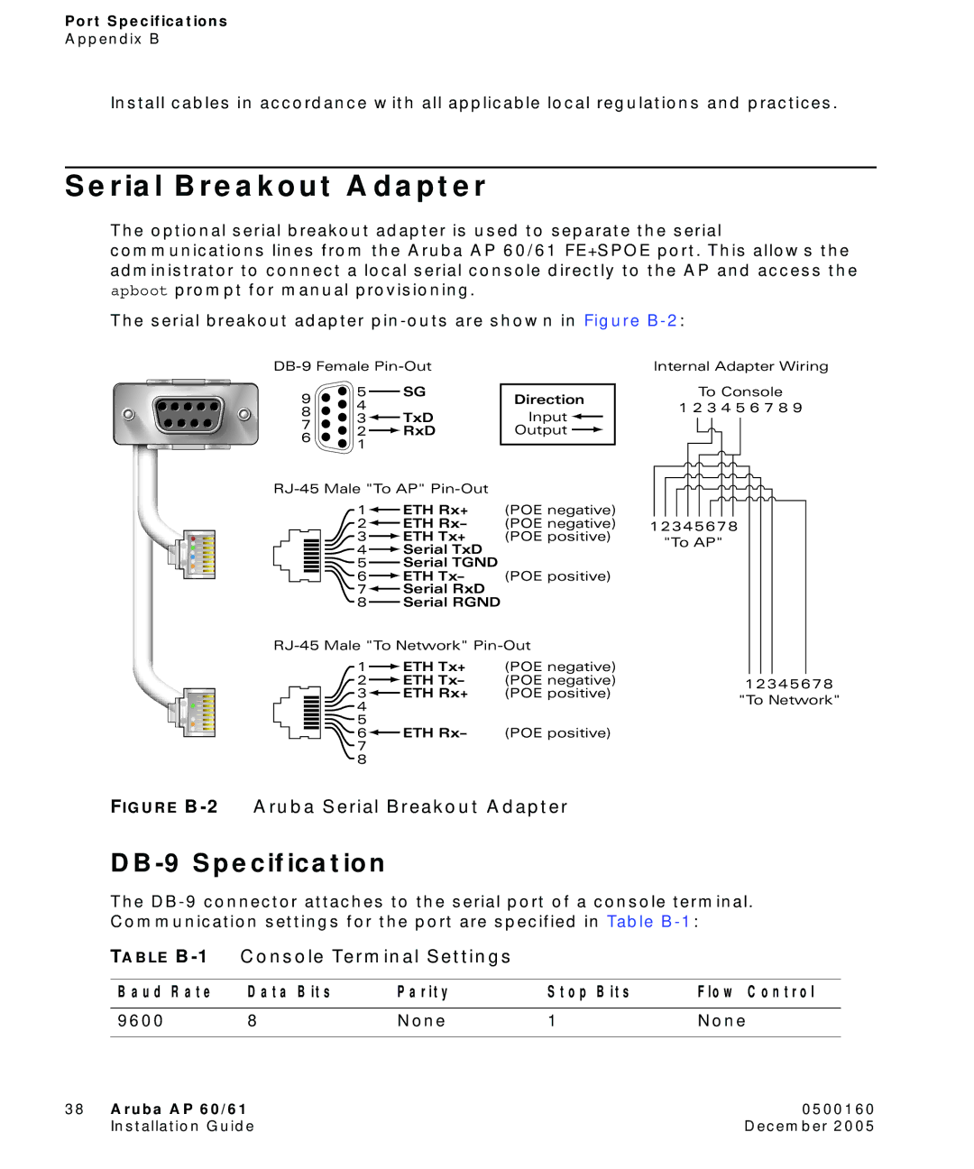 Aruba Networks Aruba AP 60/61 manual Serial Breakout Adapter, DB-9 Specification, Table B-1Console Terminal Settings 