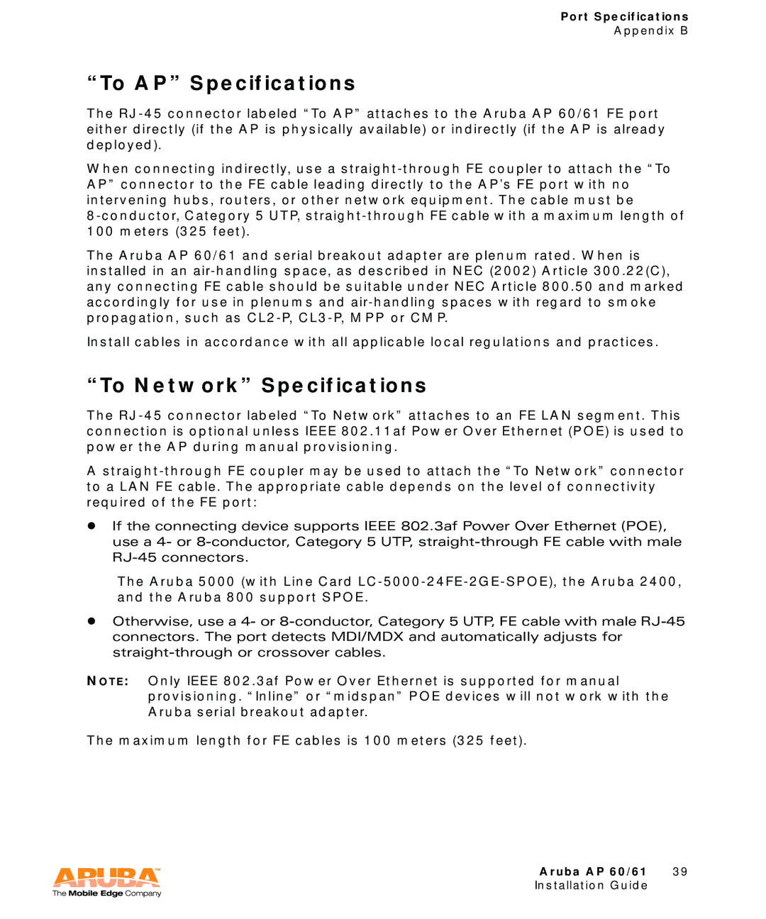 Aruba Networks Aruba AP 60/61 manual To AP Specifications, To Network Specifications 