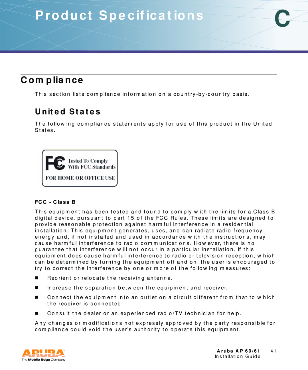Aruba Networks Aruba AP 60/61 manual Compliance, United States, FCC Class B 