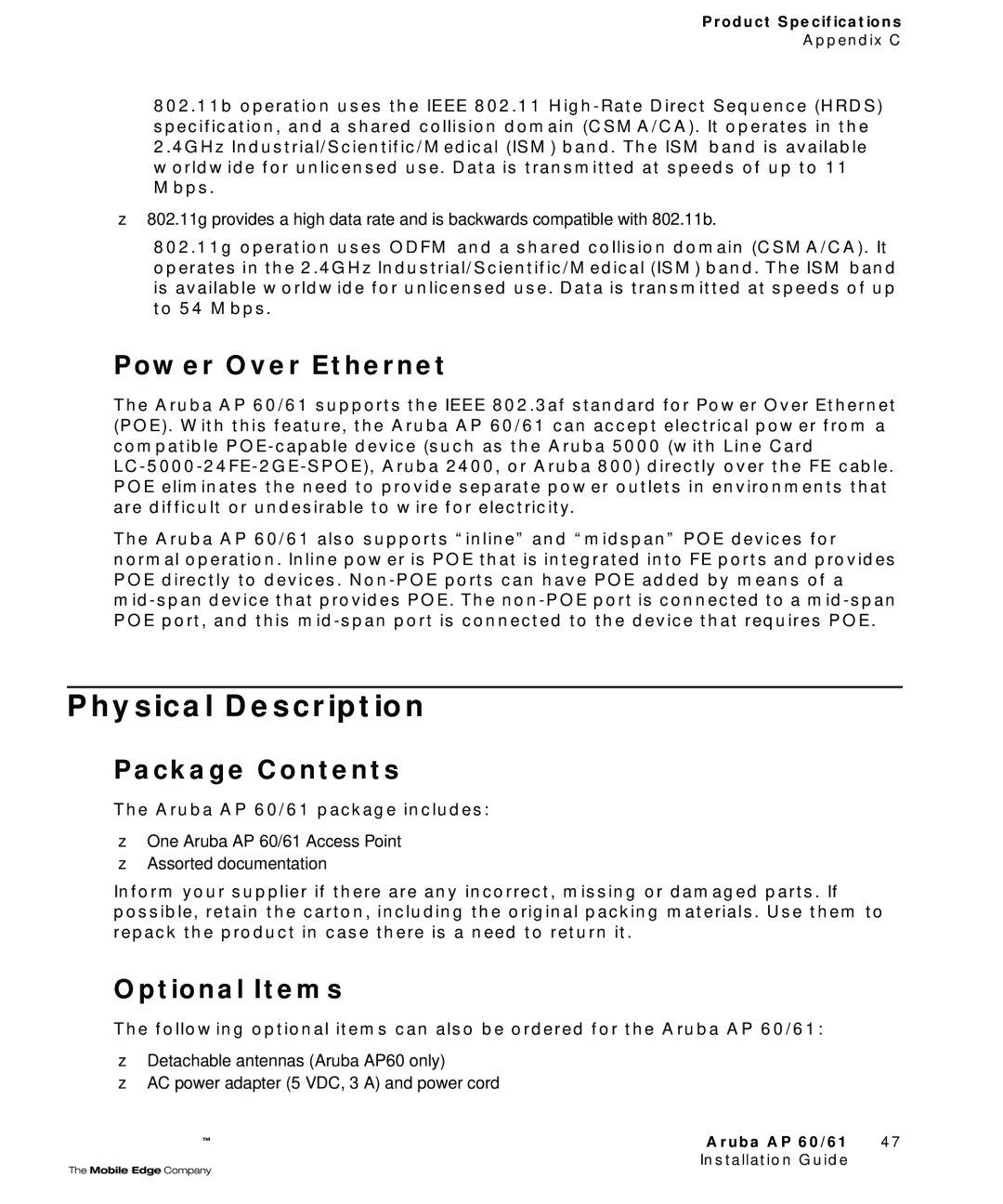 Aruba Networks Aruba AP 60/61 manual Physical Description, Power Over Ethernet, Package Contents, Optional Items 