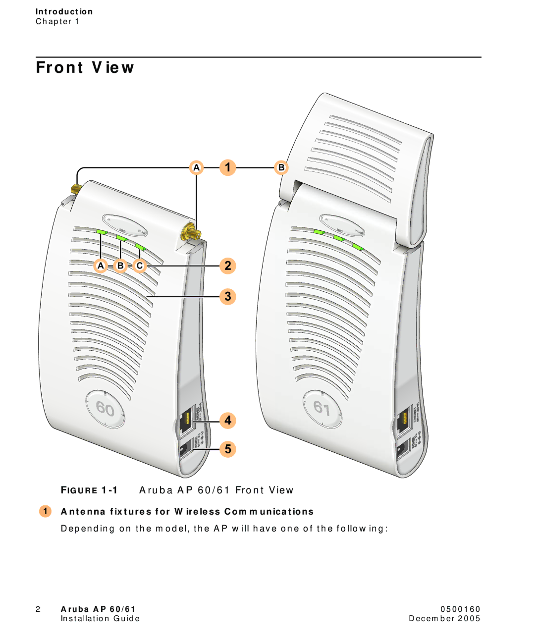 Aruba Networks Aruba AP 60/61 manual Front View, Antenna fixtures for Wireless Communications 