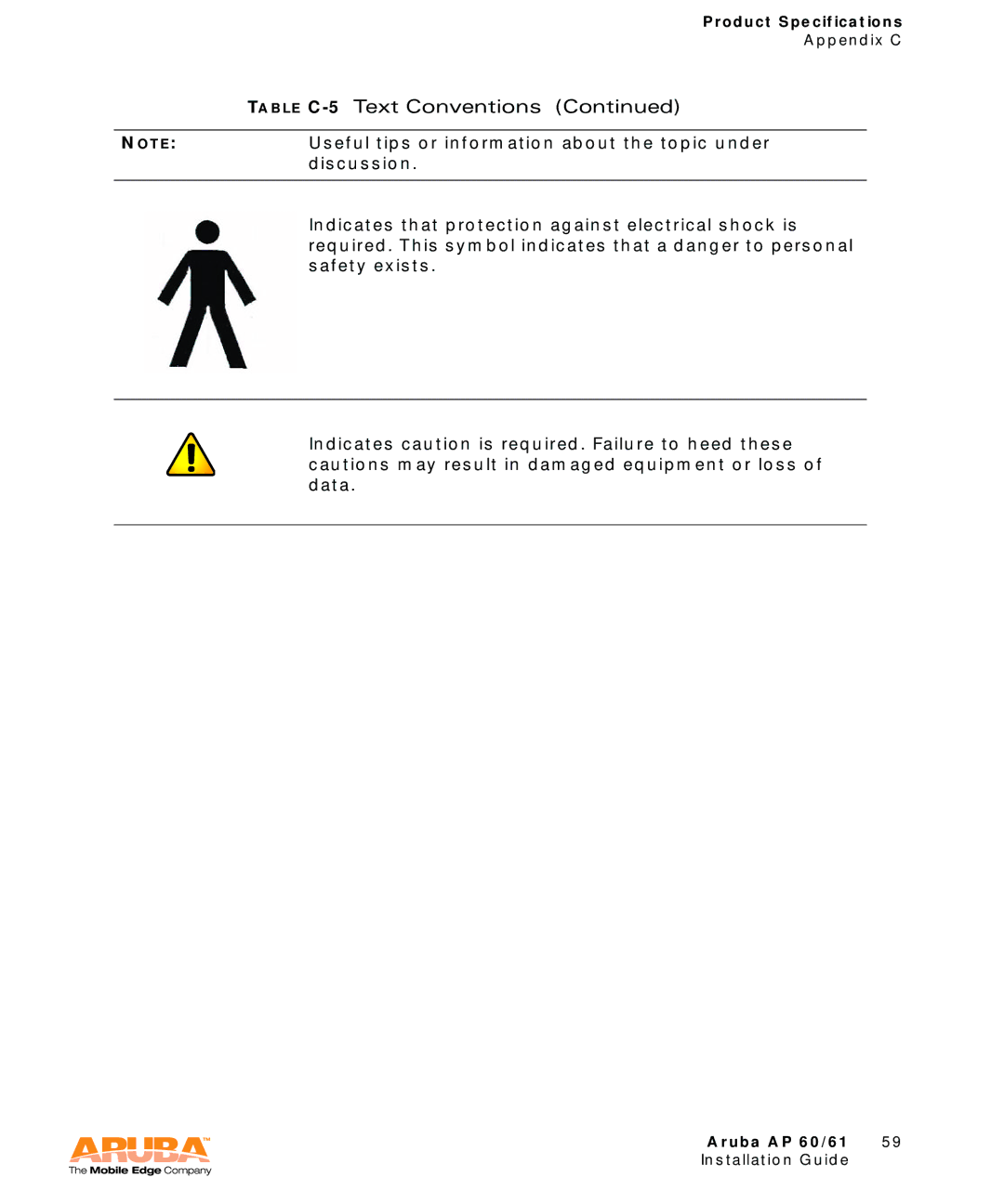 Aruba Networks Aruba AP 60/61 manual Table C-5Text Conventions 