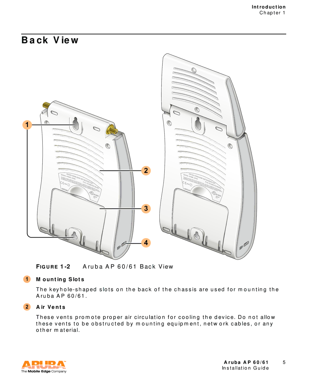 Aruba Networks Aruba AP 60/61 manual Back View, Mounting Slots 