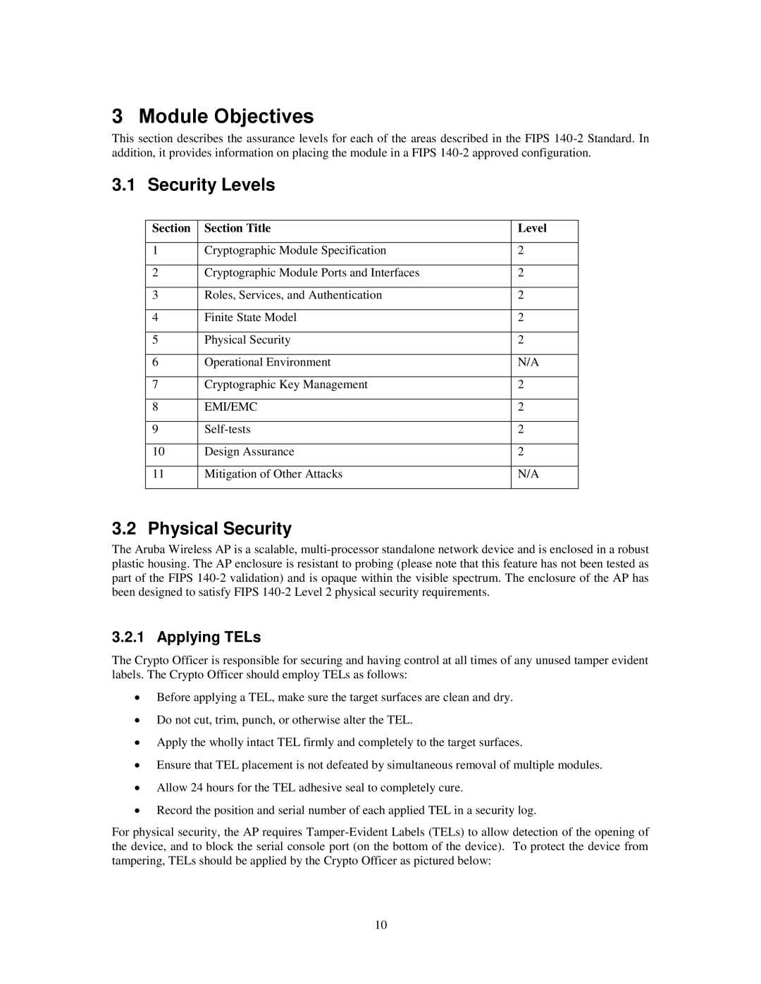 Aruba Networks FIPS 140-2 manual Module Objectives, Security Levels, Physical Security, Applying TELs 