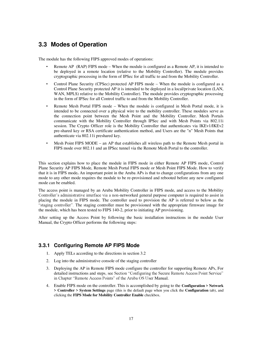 Aruba Networks FIPS 140-2 manual Modes of Operation, Configuring Remote AP Fips Mode 