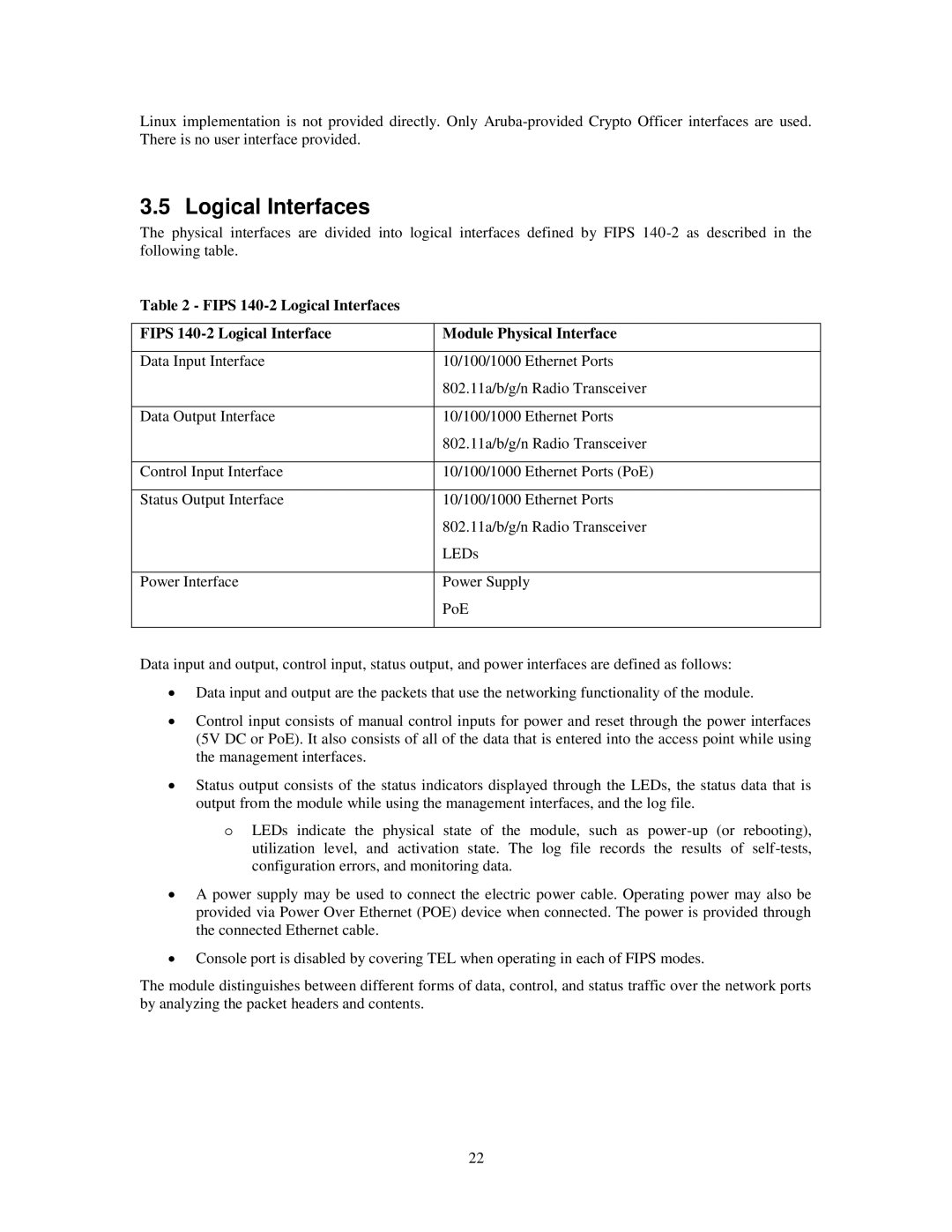 Aruba Networks FIPS 140-2 manual Fips 140-2 Logical Interfaces Module Physical Interface 