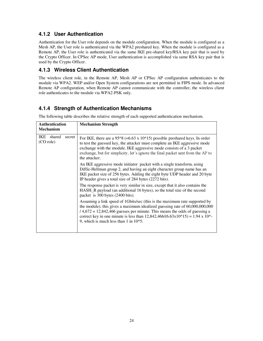 Aruba Networks FIPS 140-2 manual User Authentication, Wireless Client Authentication, Strength of Authentication Mechanisms 