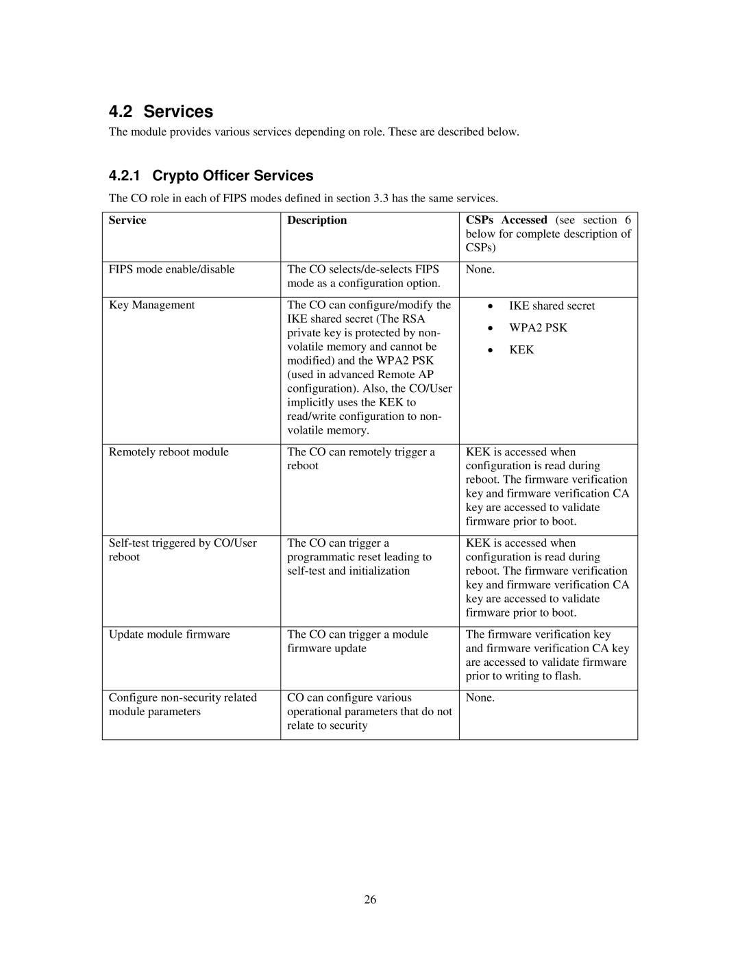 Aruba Networks FIPS 140-2 manual Crypto Officer Services, Service Description CSPs Accessed see section, WPA2 PSK, Kek 