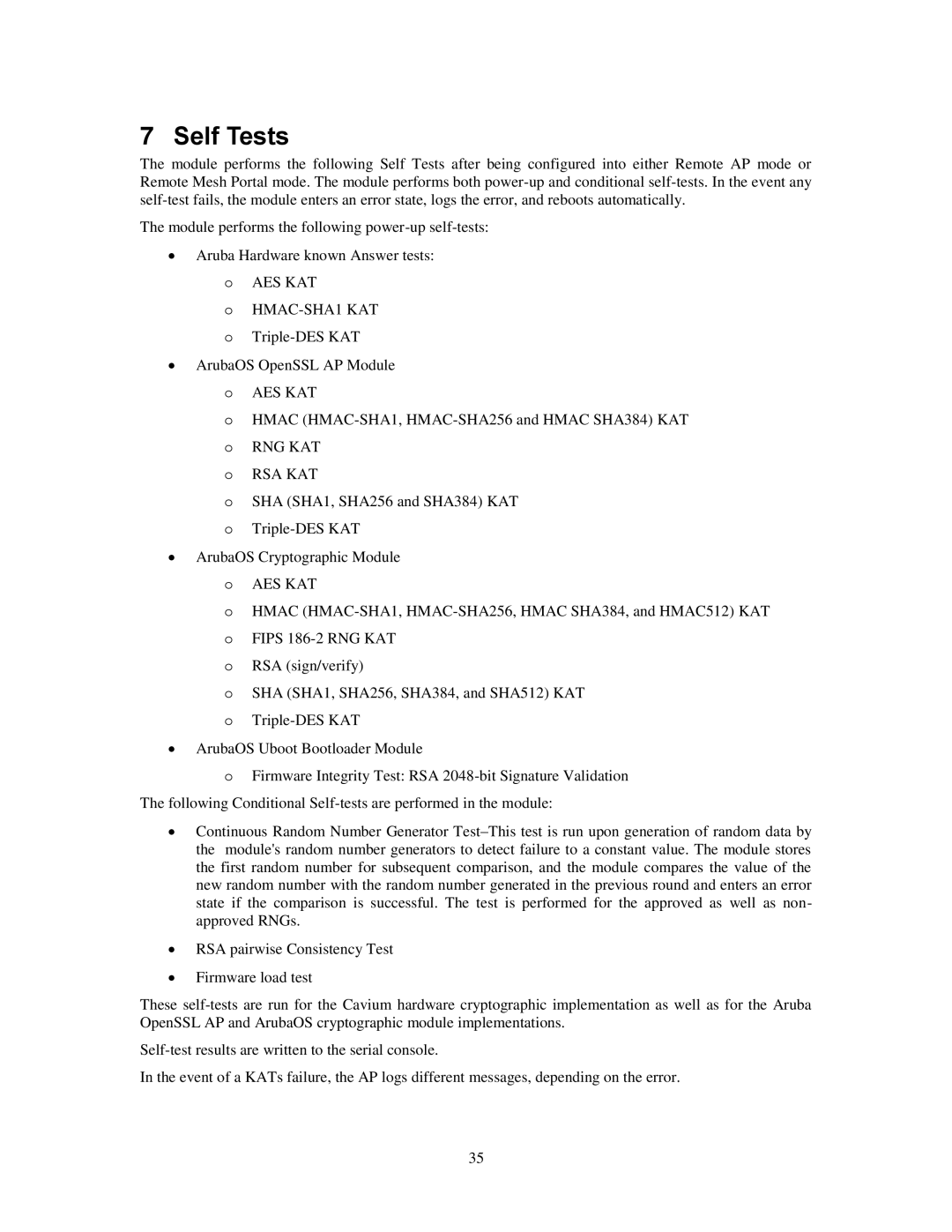 Aruba Networks FIPS 140-2 manual Self Tests 